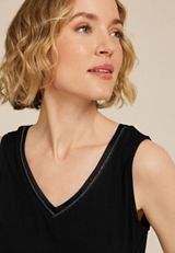 Embellished Satin Trim V Neck Tank Top, BLACK, small