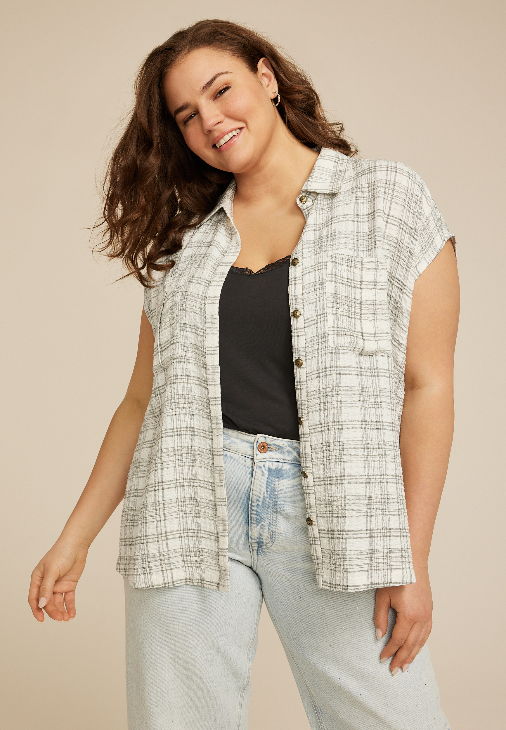 Plus Size Textured Dolman Button Down Shirt