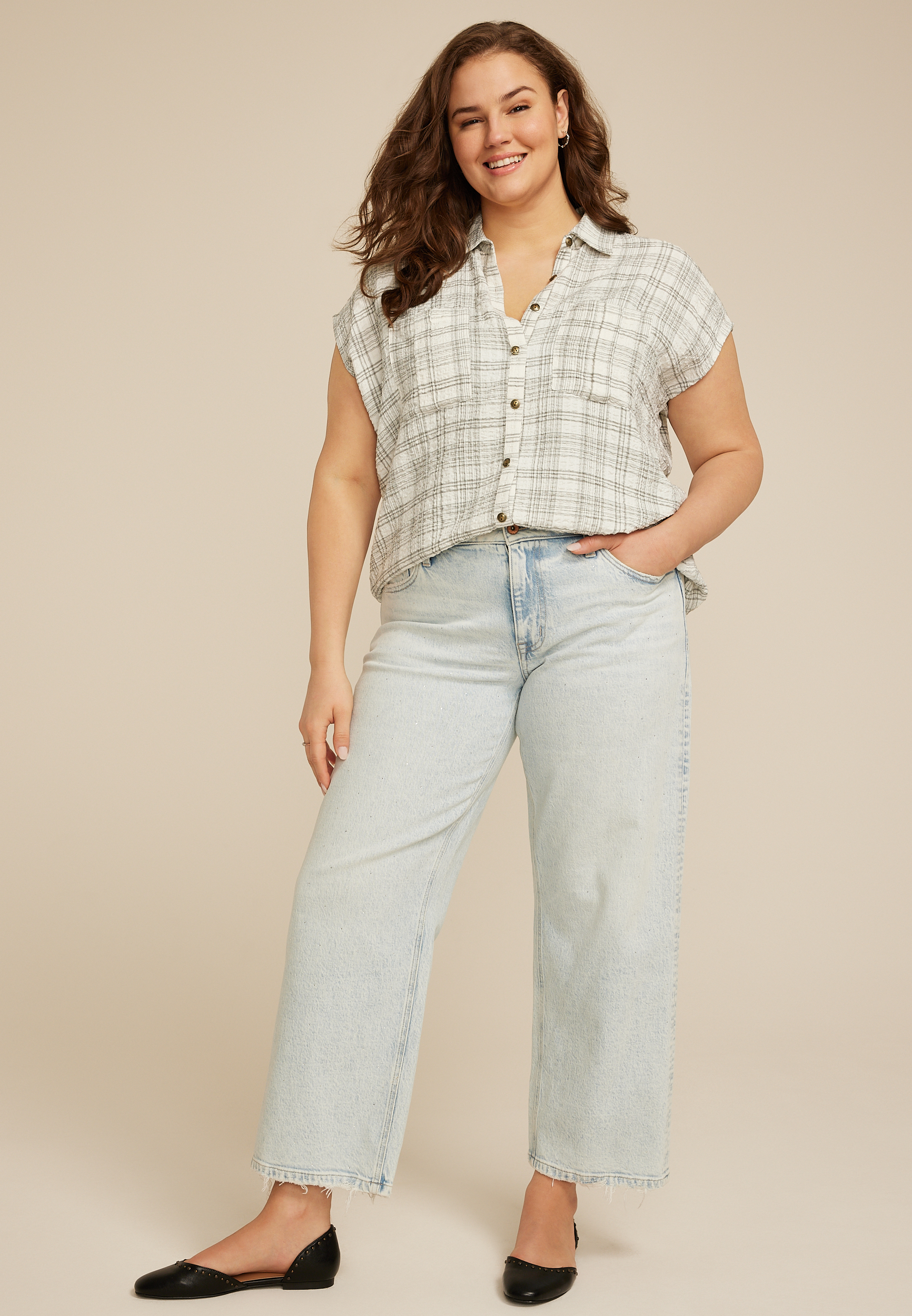 Plus Size Textured Dolman Button Down Shirt, C1829, large