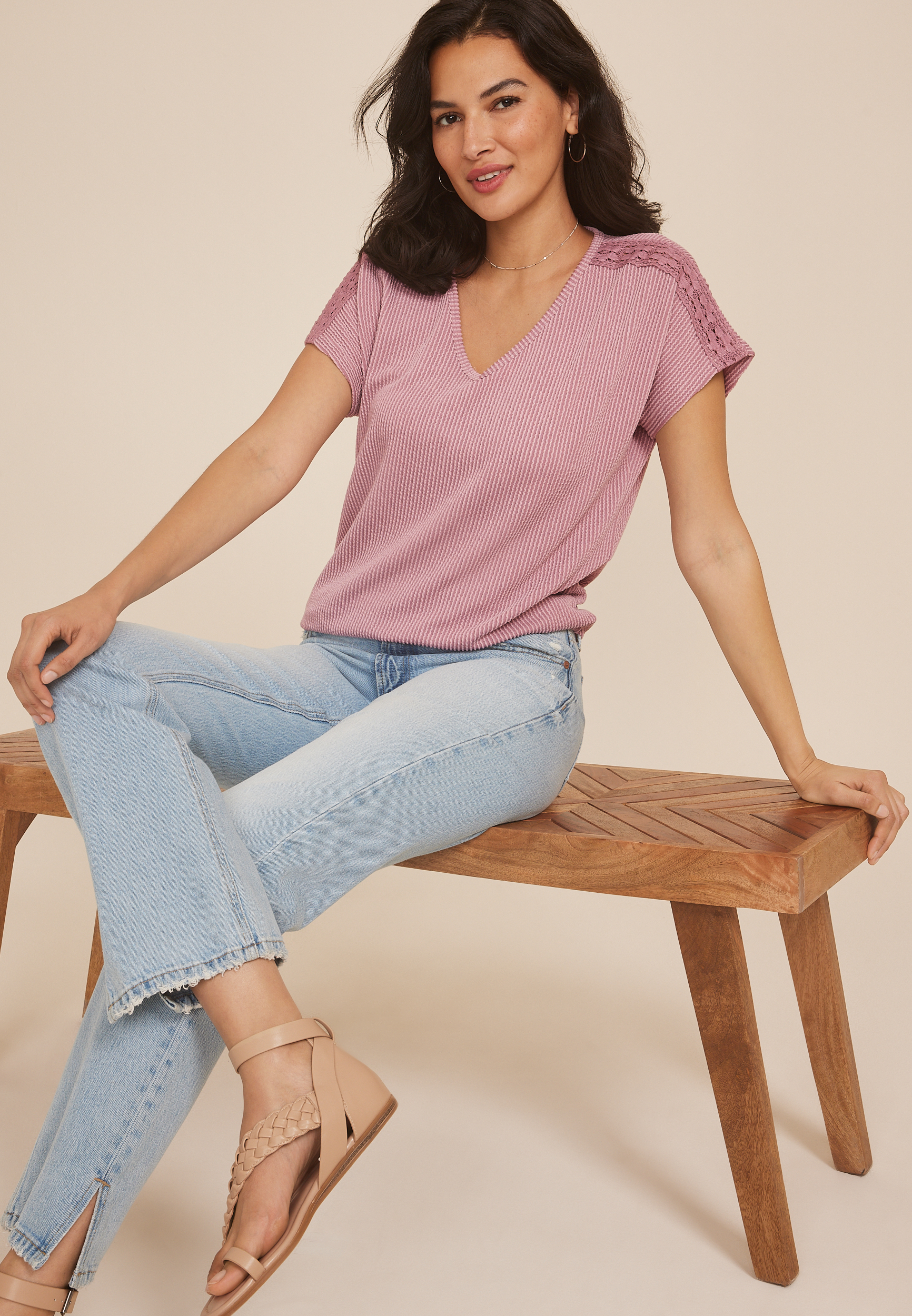 Wavy Ribbed Crochet Trim Short Sleeve Tee, C286, large