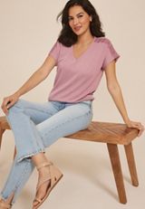 Wavy Ribbed Crochet Trim Short Sleeve Tee, C286, small