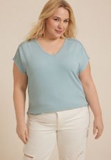 Plus Size Wavy Ribbed Crochet Trim Short Sleeve Tee, SAGE, small
