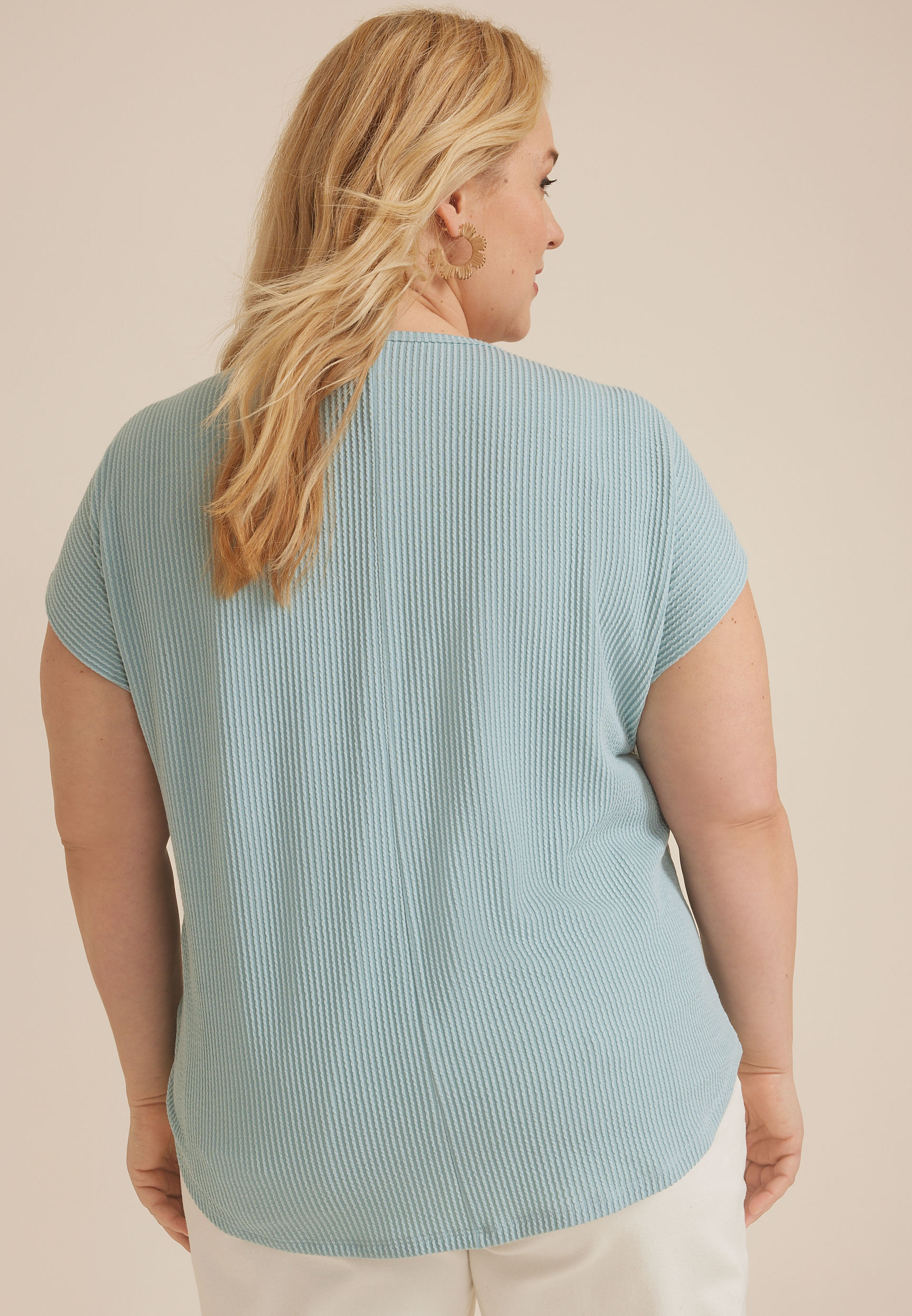 Plus Size Wavy Ribbed Crochet Trim Short Sleeve Tee, SAGE, large