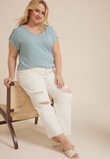 Plus Size Wavy Ribbed Crochet Trim Short Sleeve Tee, SAGE, small