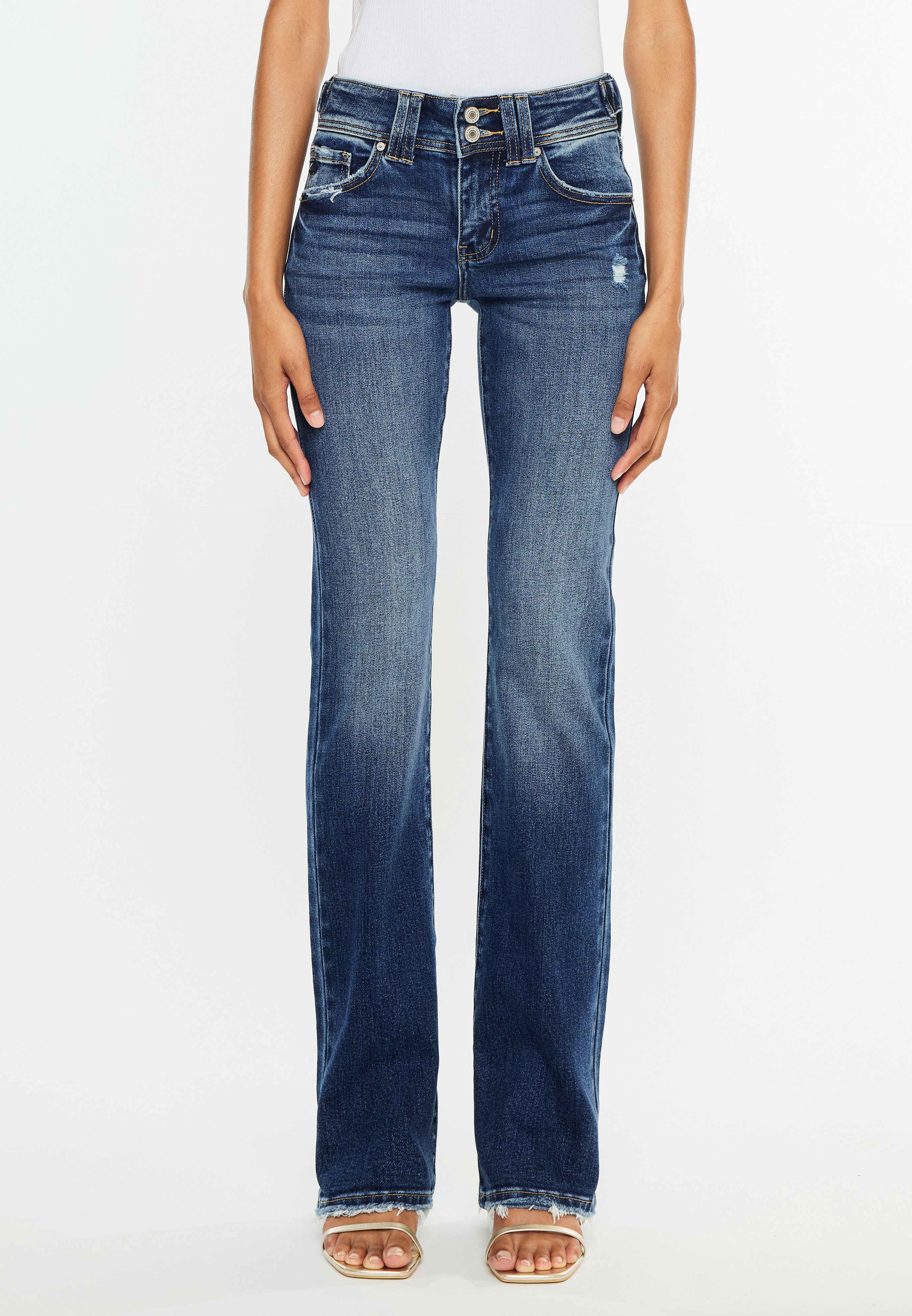 KanCan&trade; Mid Rise Double Button Frayed Hem Bootcut Jean, DARK SANDBLAST, large