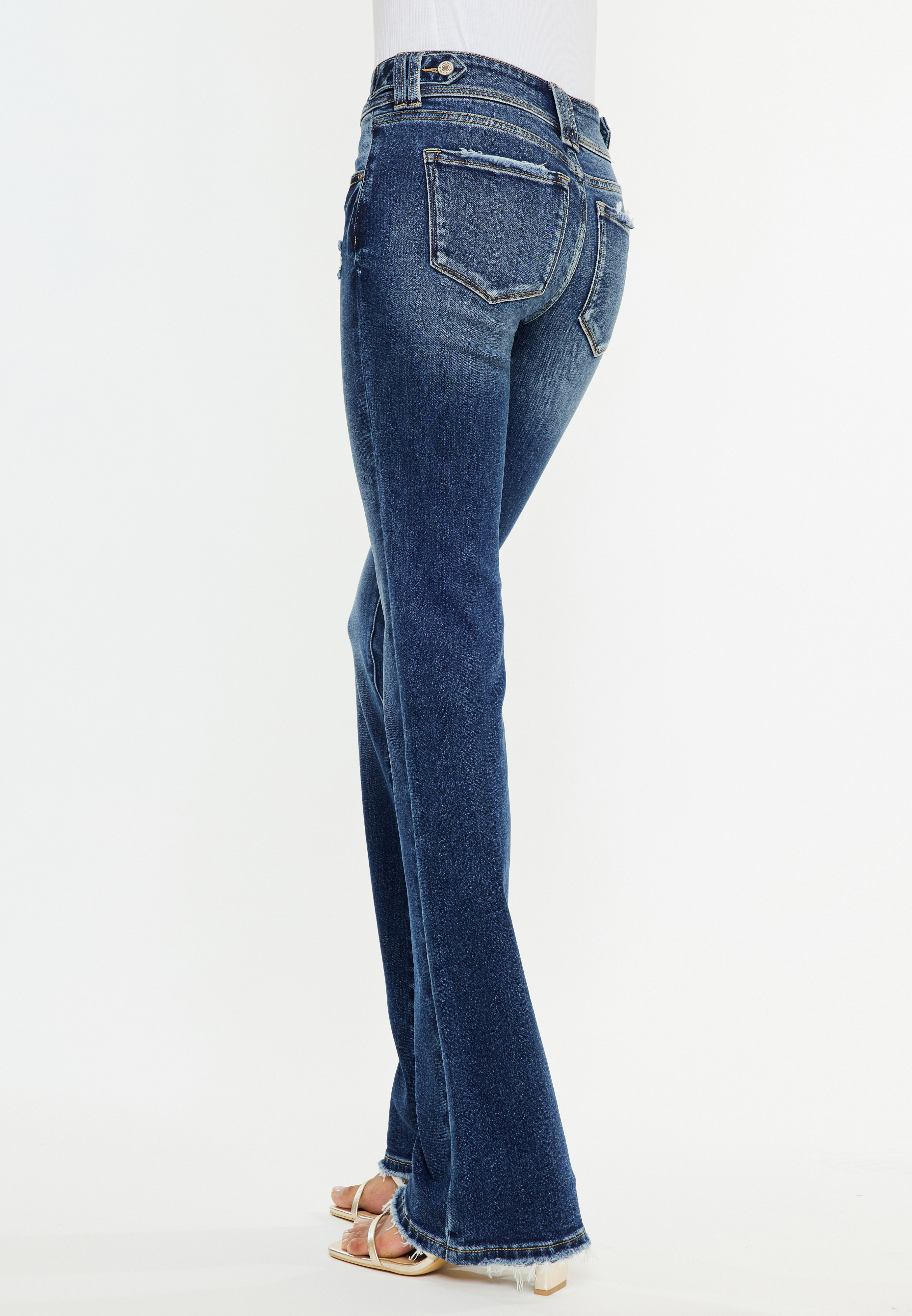 KanCan&trade; Mid Rise Double Button Frayed Hem Bootcut Jean, DARK SANDBLAST, large