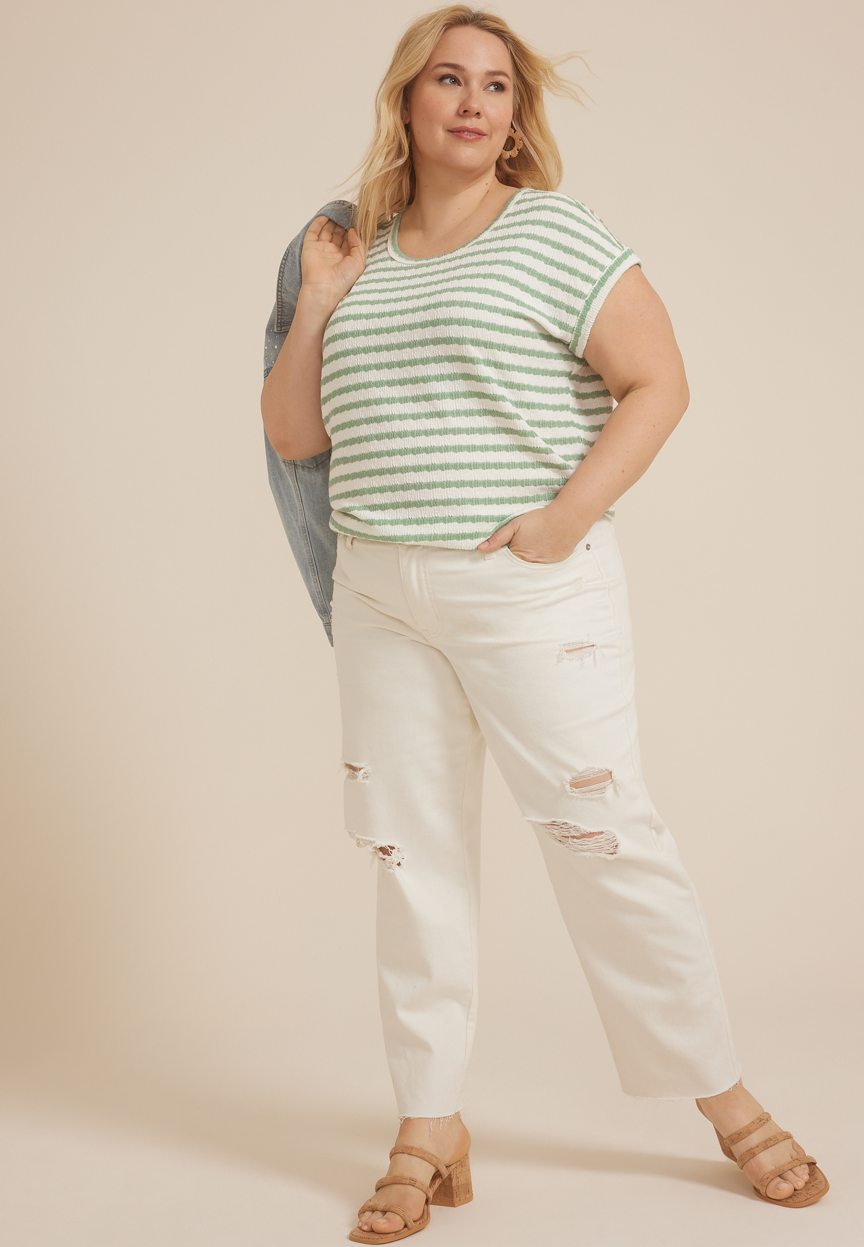 Plus Size 24/7 Clara Jacquard Striped Short Sleeve Tee, C5003, large