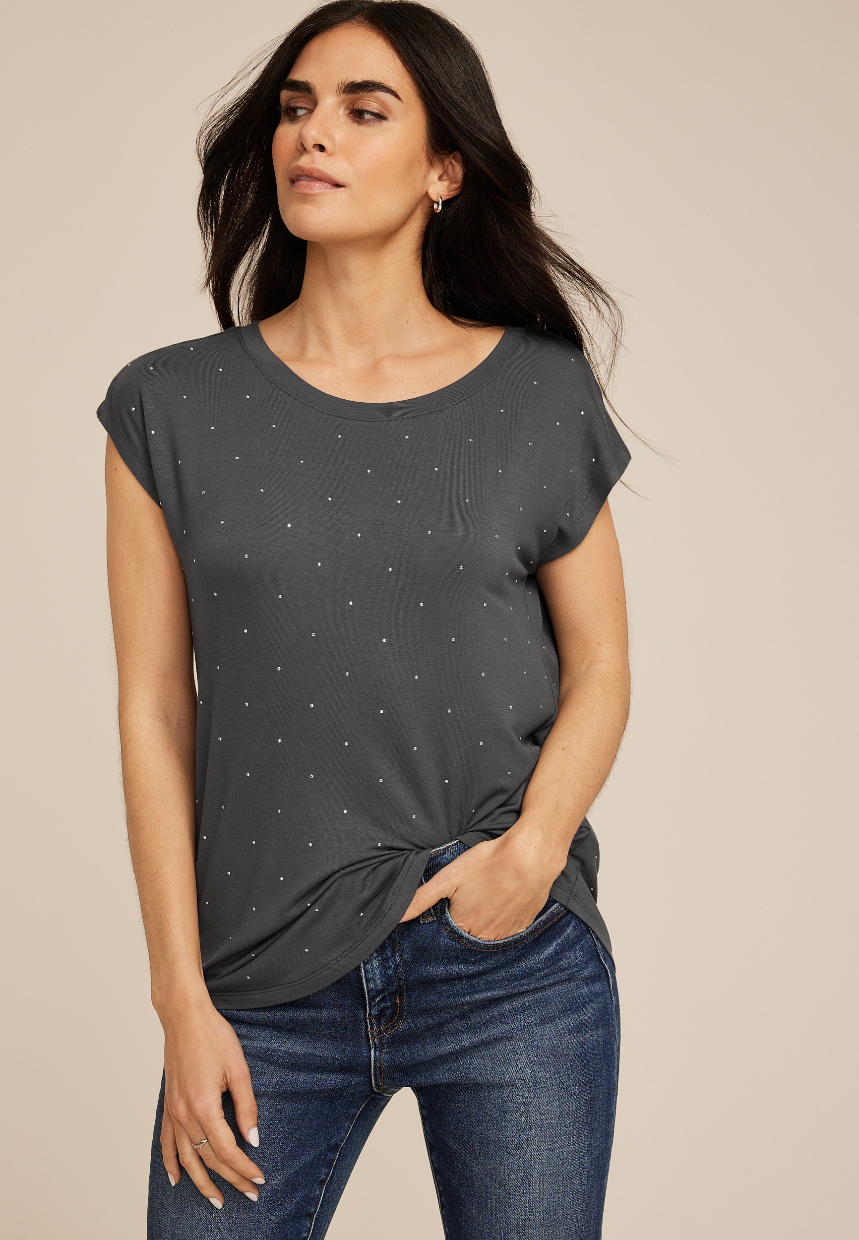 Rhinestone Embellished Boat Neck Tee