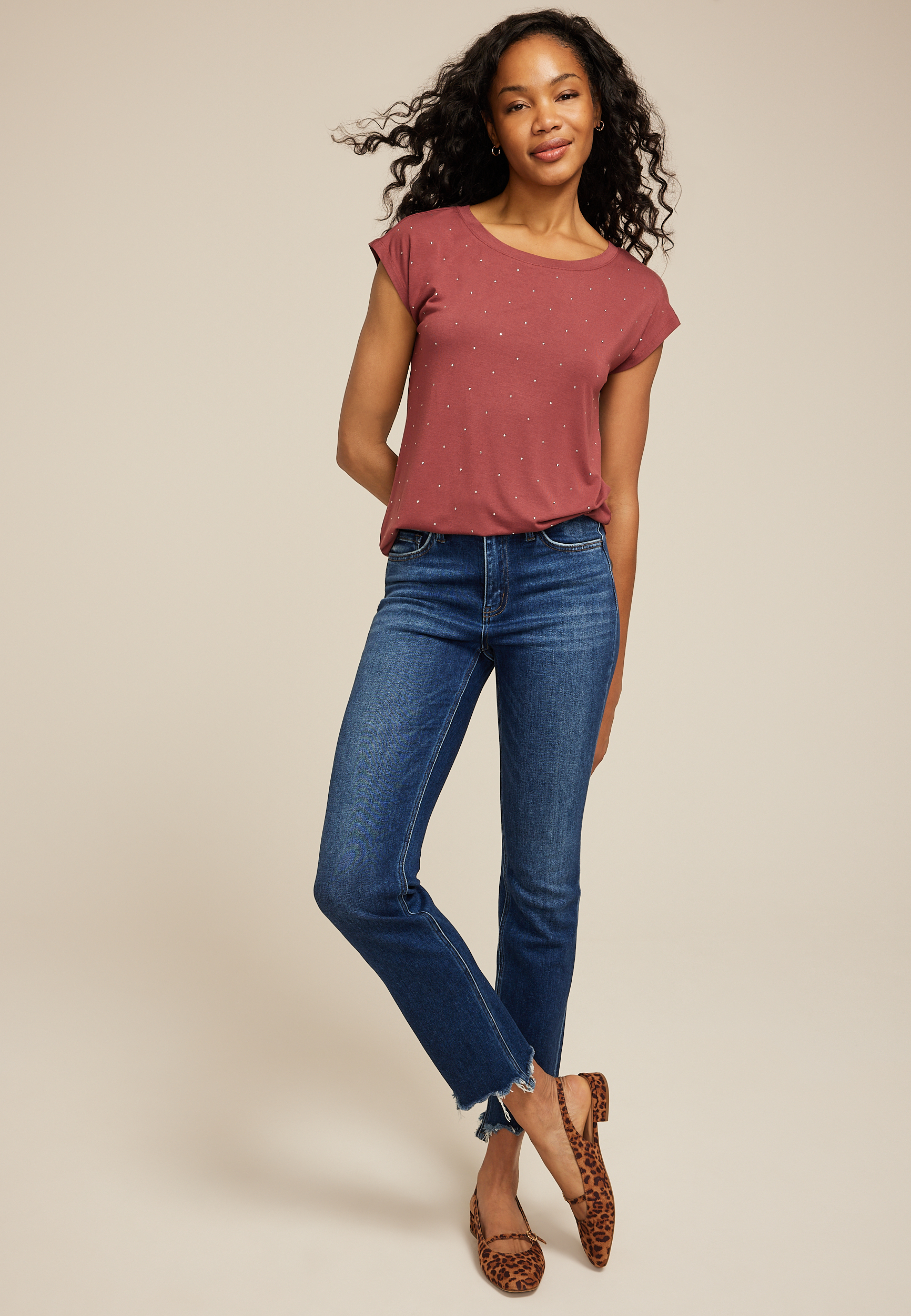 Rhinestone Embellished Boat Neck Tee