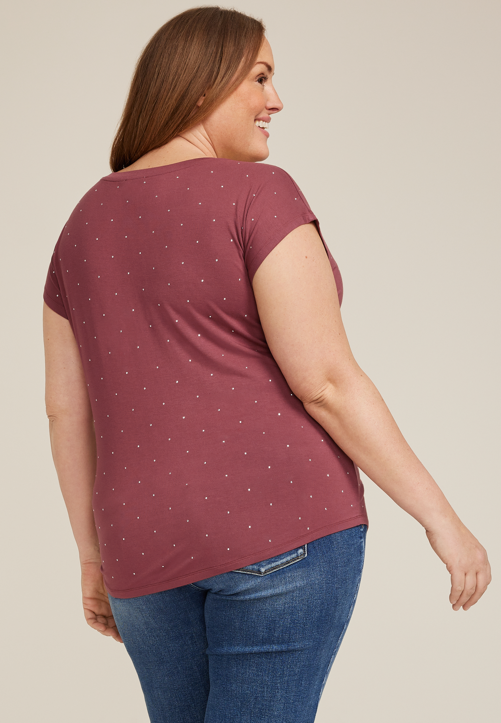 Plus Size Rhinestone Embellished Boat Neck Tee, C9585, large