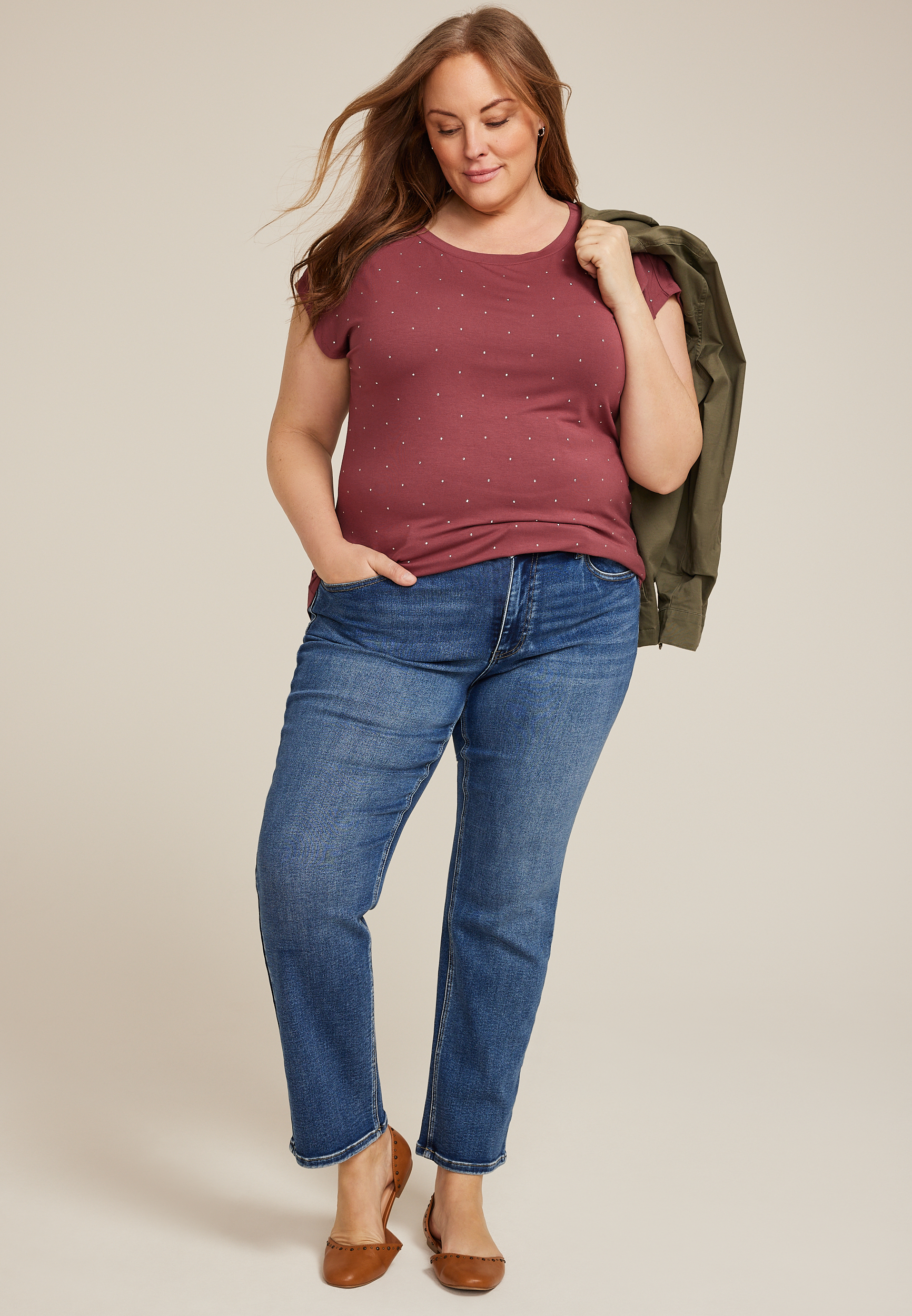 Plus Size Rhinestone Embellished Boat Neck Tee, C9585, large