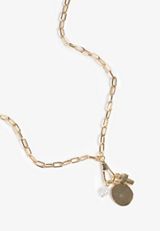 Gold Mini Cross And Faux Pearl Charm Necklace, GOLD, small