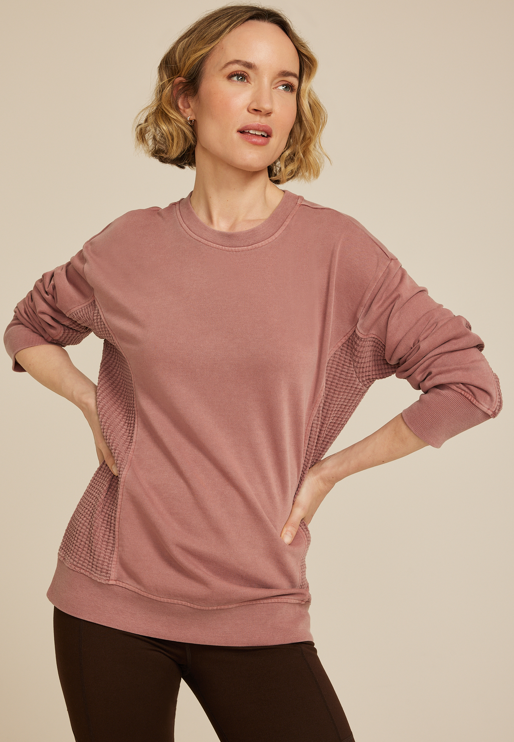 Waffle Mix Crew Neck Tunic Sweatshirt