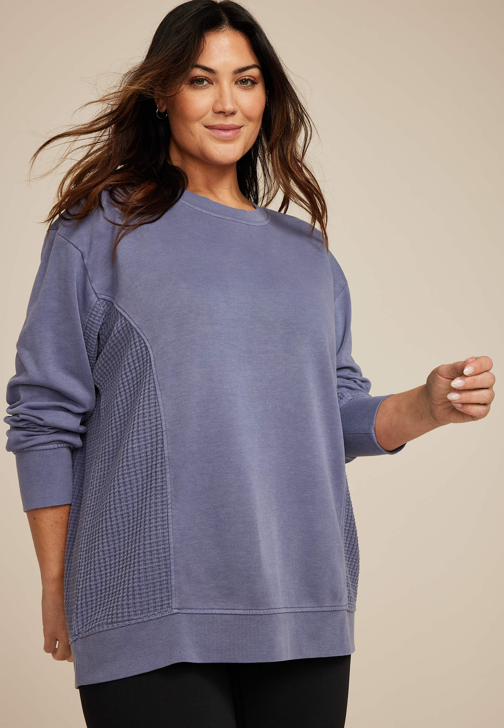 Plus Size Waffle Mix Crew Neck Tunic Sweatshirt