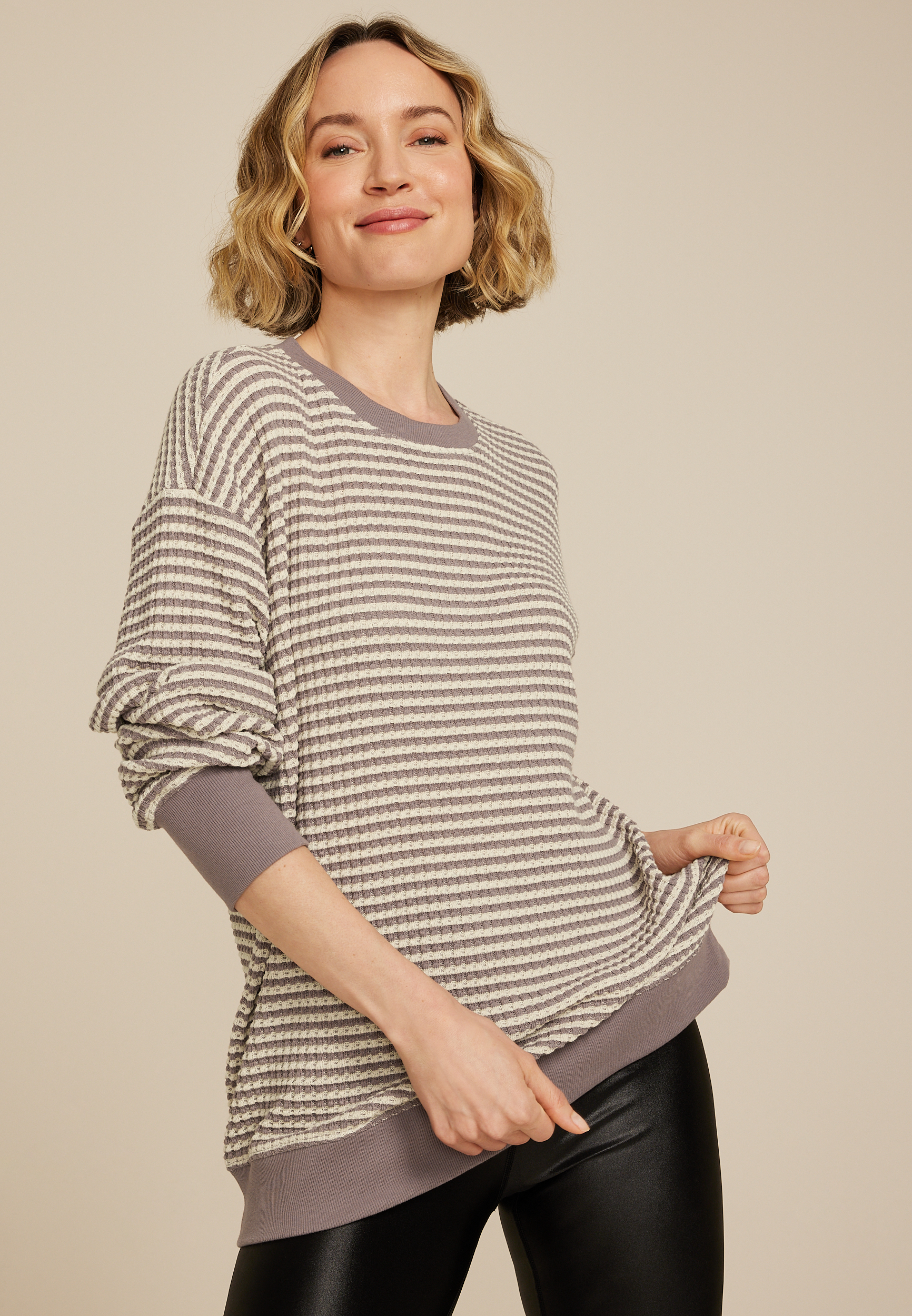 Striped Waffle Crew Neck Tunic Sweatshirt