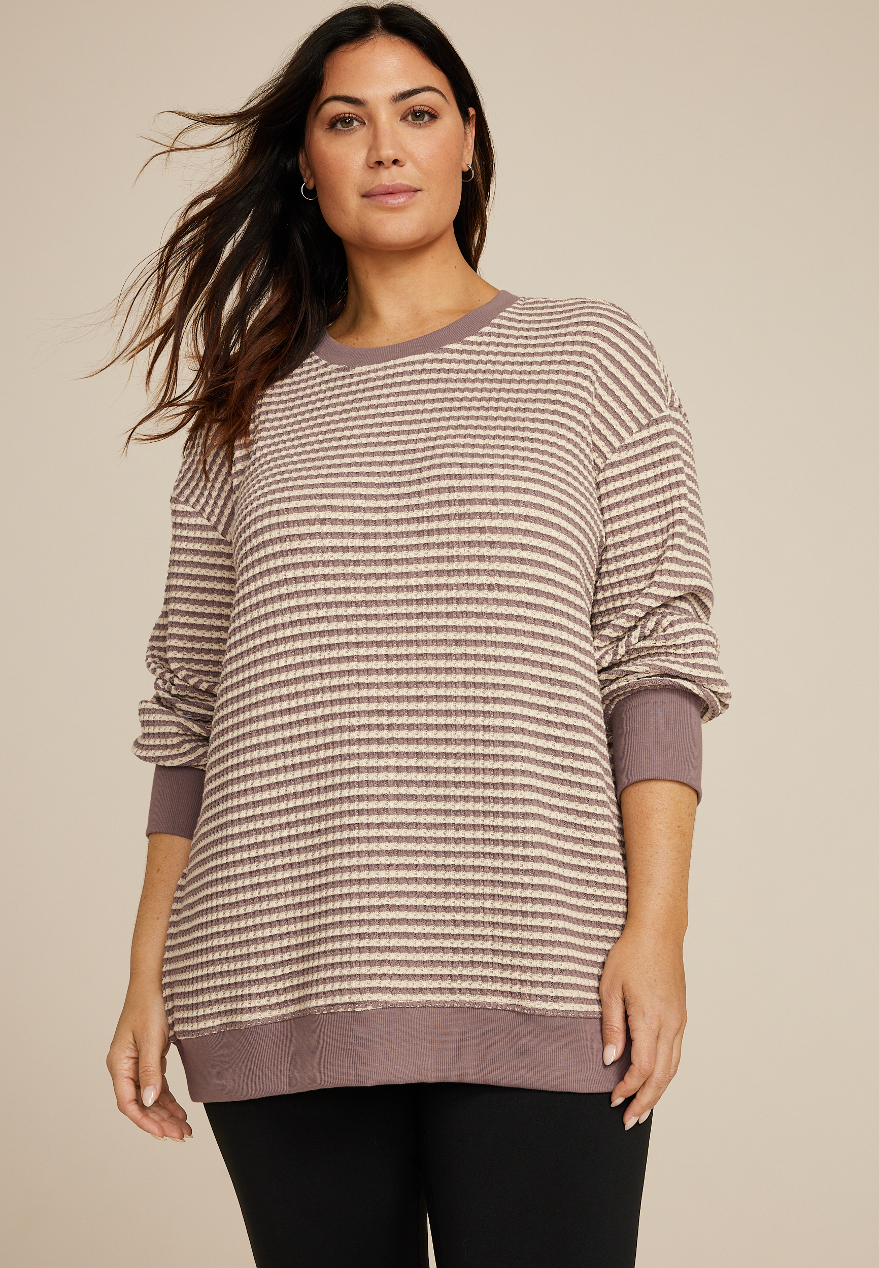 Plus Size Striped Waffle Crew Neck Tunic Sweatshirt