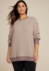 Plus Size Striped Waffle Crew Neck Tunic Sweatshirt, C4108, small