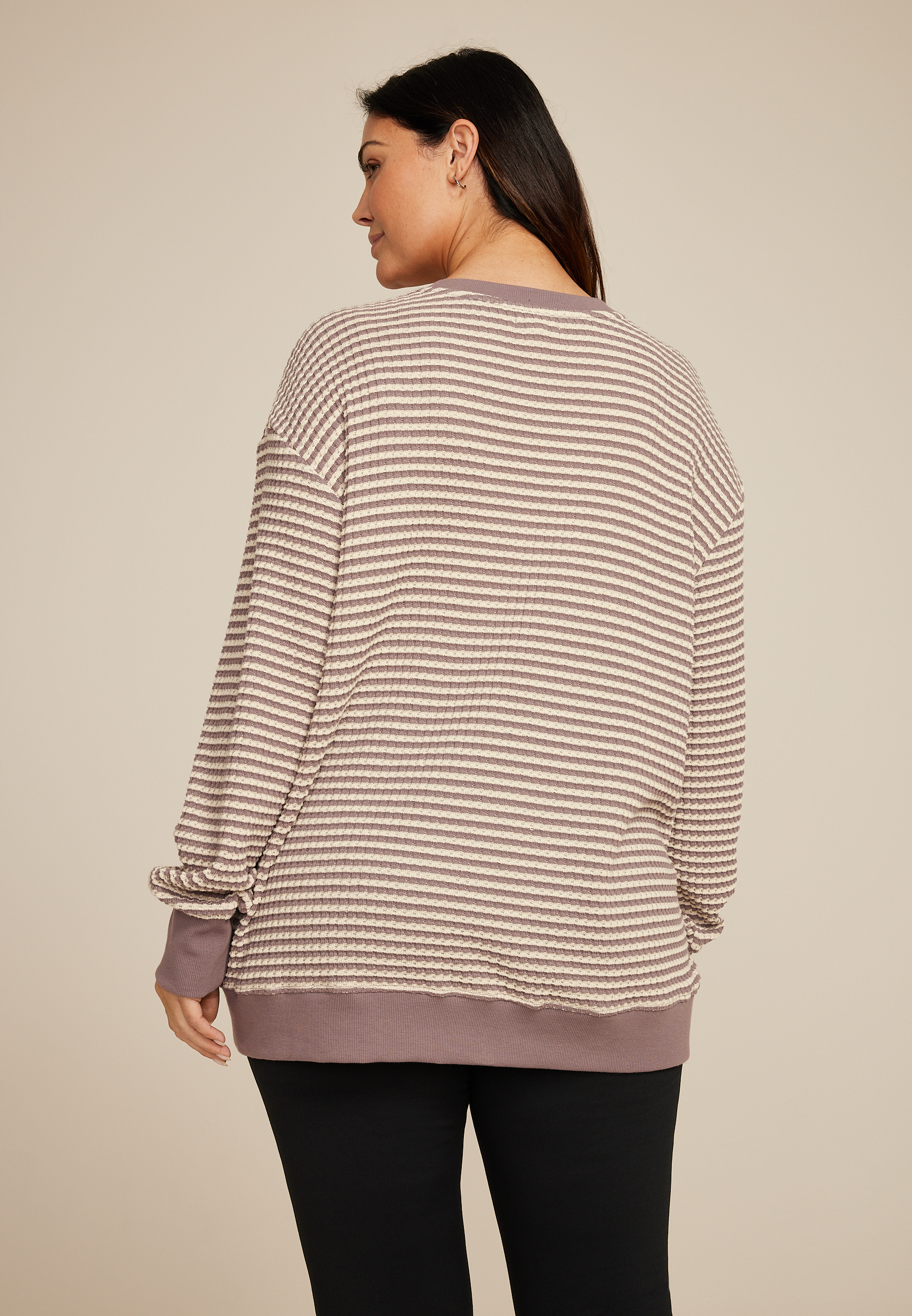 Plus Size Striped Waffle Crew Neck Tunic Sweatshirt, C4108, large