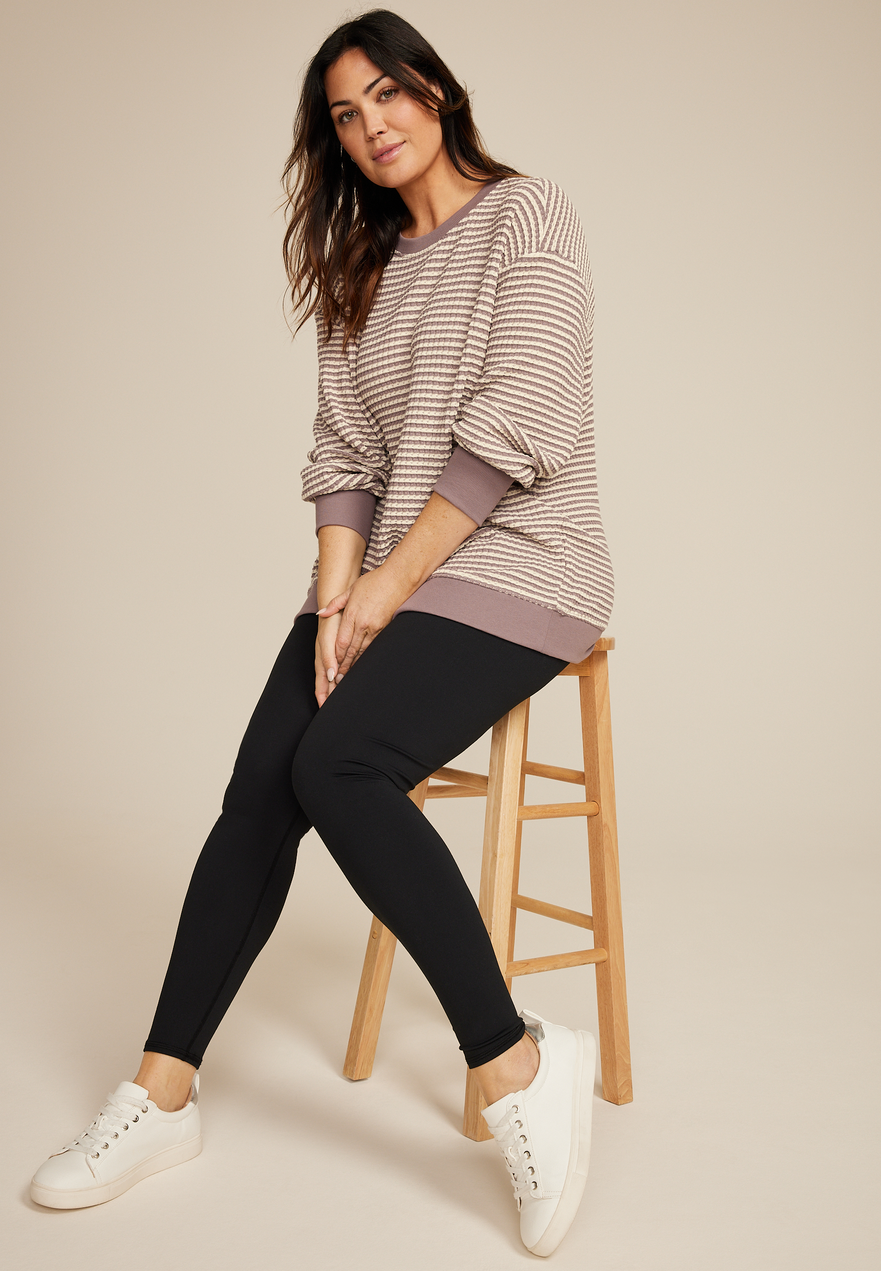 Plus Size Striped Waffle Crew Neck Tunic Sweatshirt, C4108, large