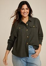 Plus Size Utility Relaxed Button Down Shirt, C2671, small