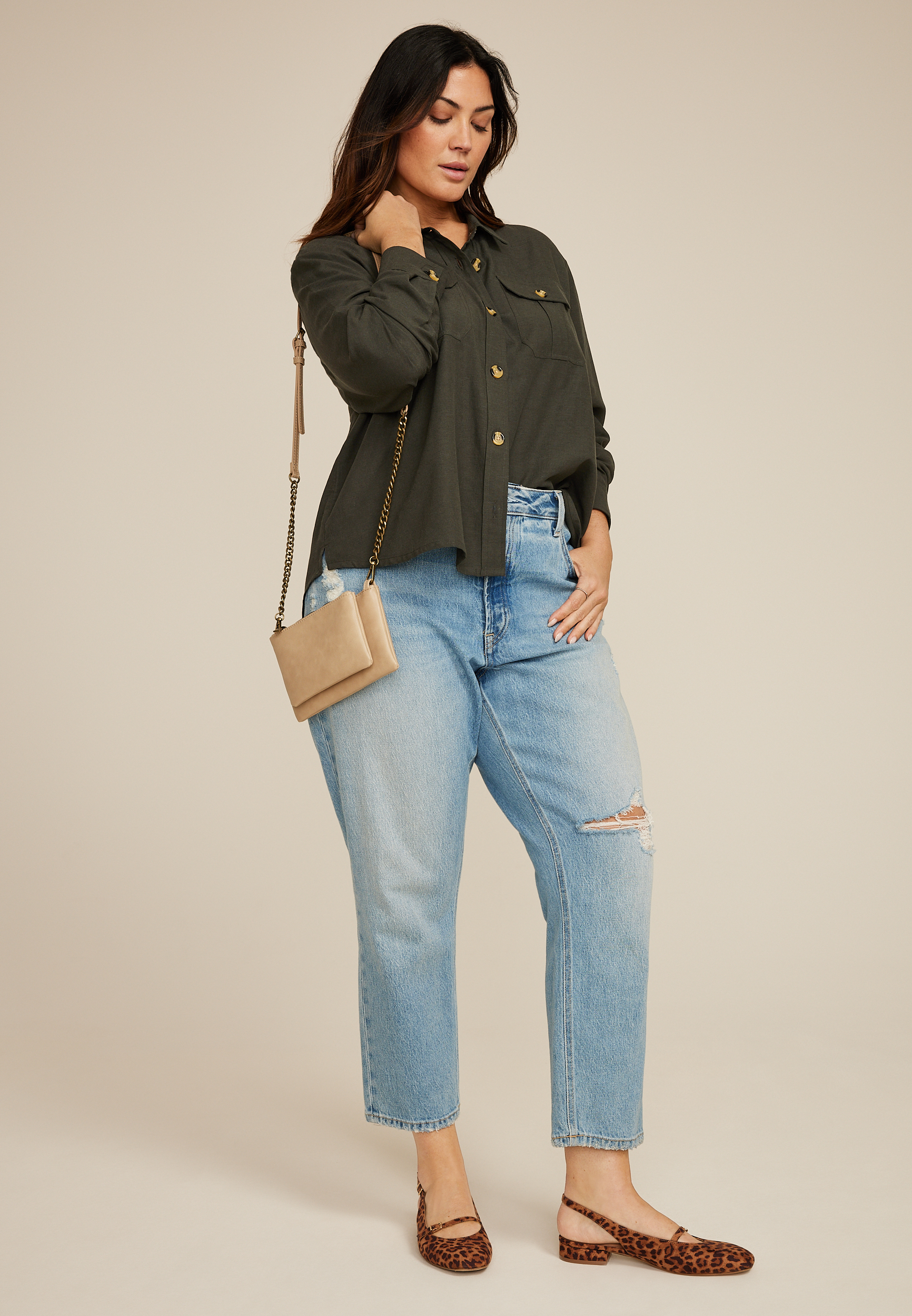 Plus Size Utility Relaxed Button Down Shirt, C2671, large