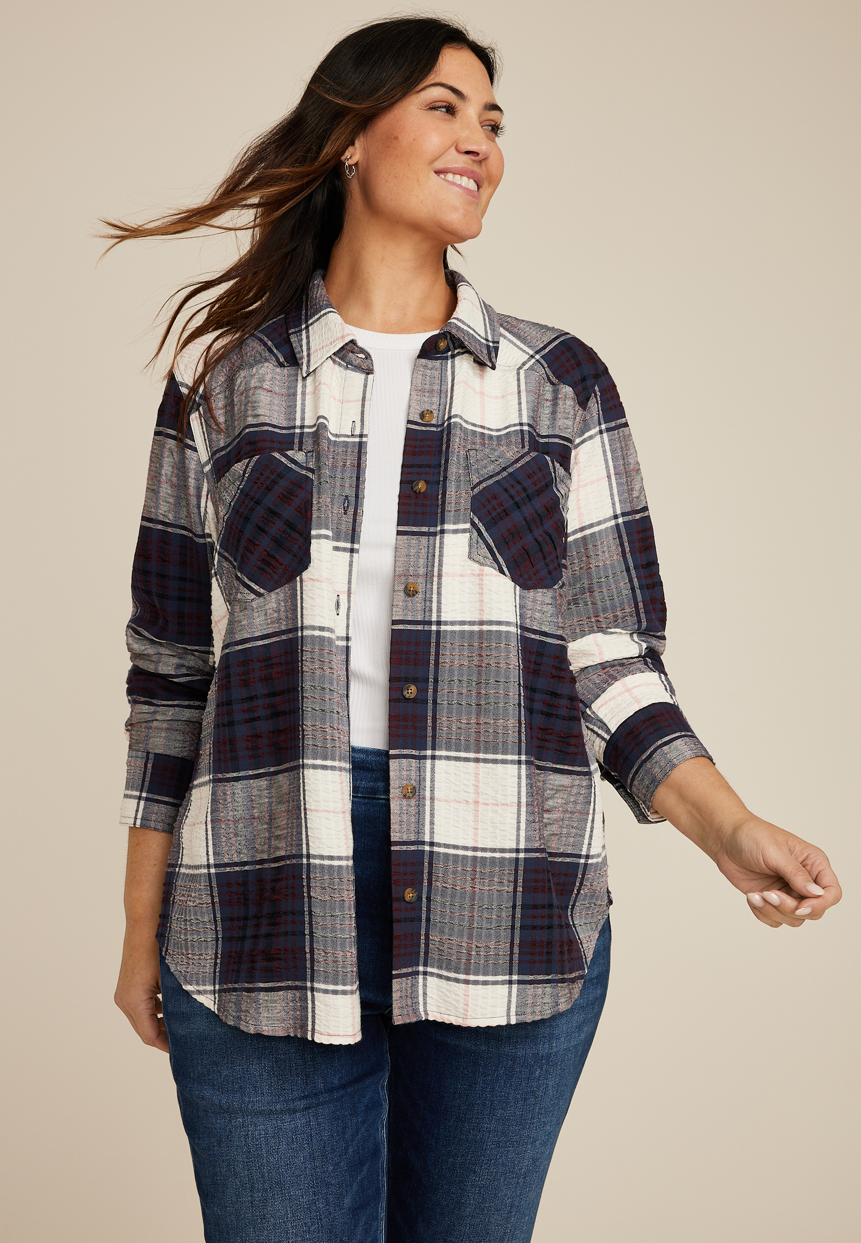Plus Size Pucker Plaid Button Down Shirt