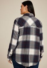 Plus Size Pucker Plaid Button Down Shirt, NAVY COMBO, small