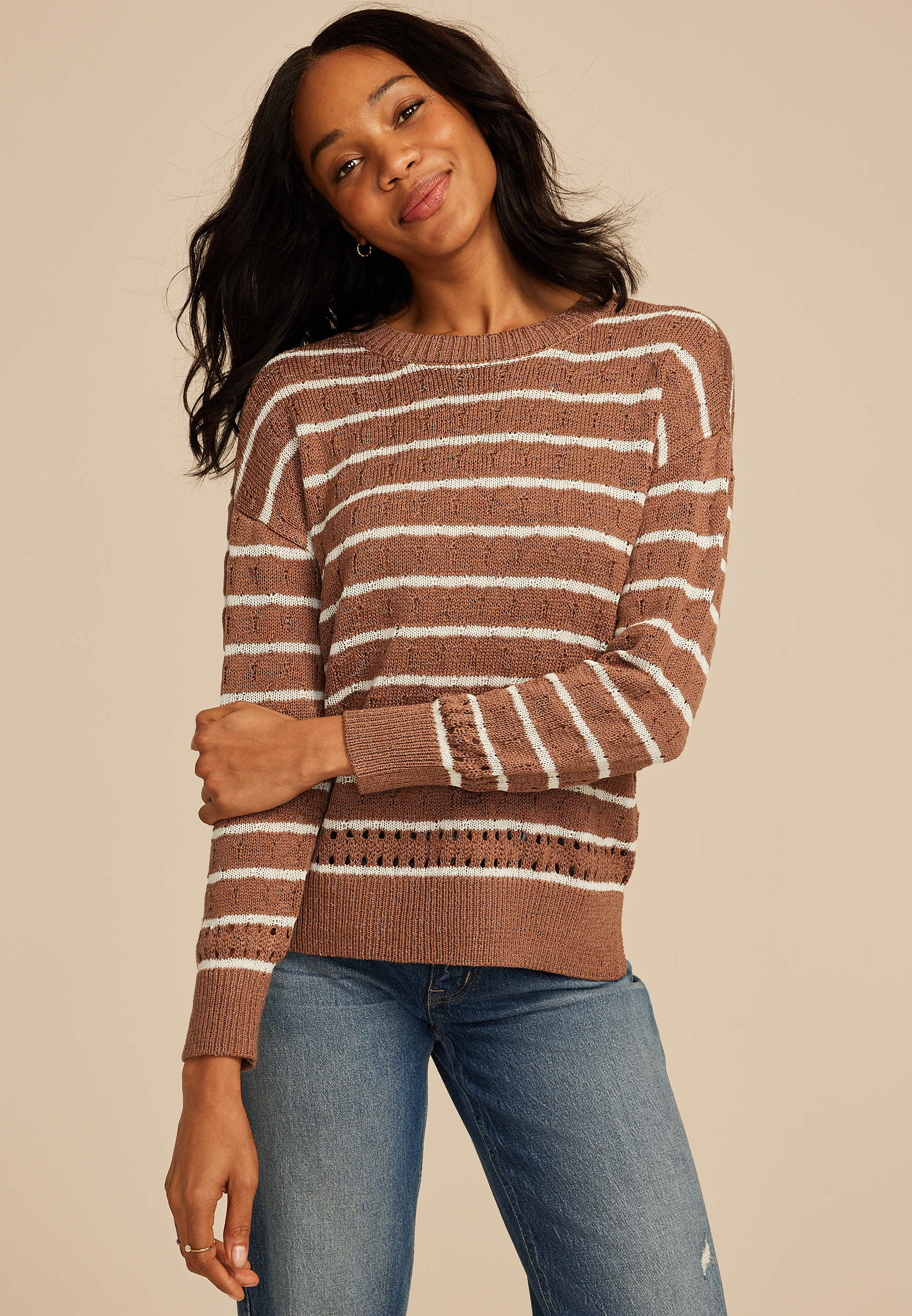 Pointelle Striped Crew Neck Sweater
