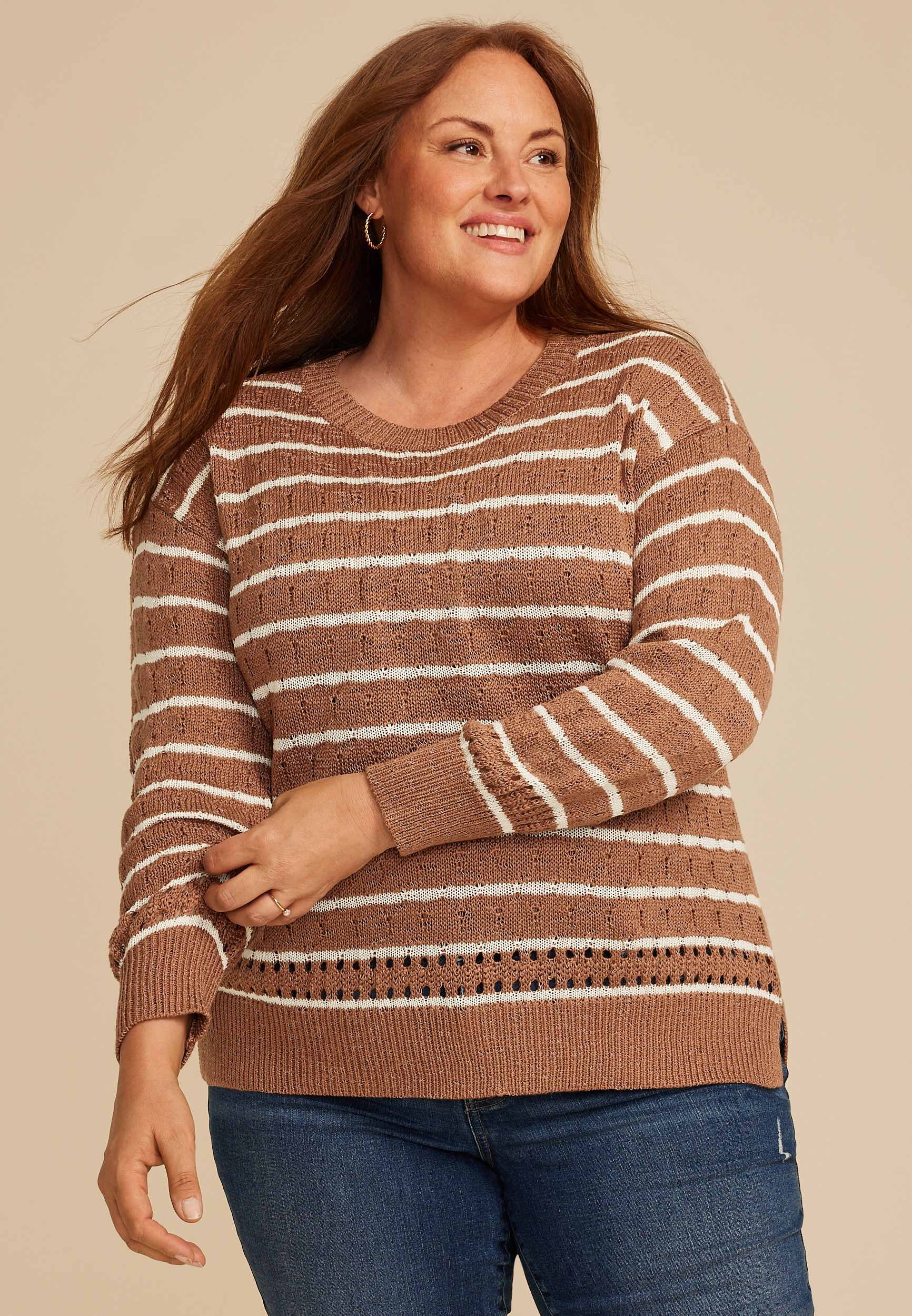 Plus Size Pointelle Striped Crew Neck Sweater