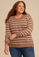 Plus Size Pointelle Striped Crew Neck Sweater, C8753, small