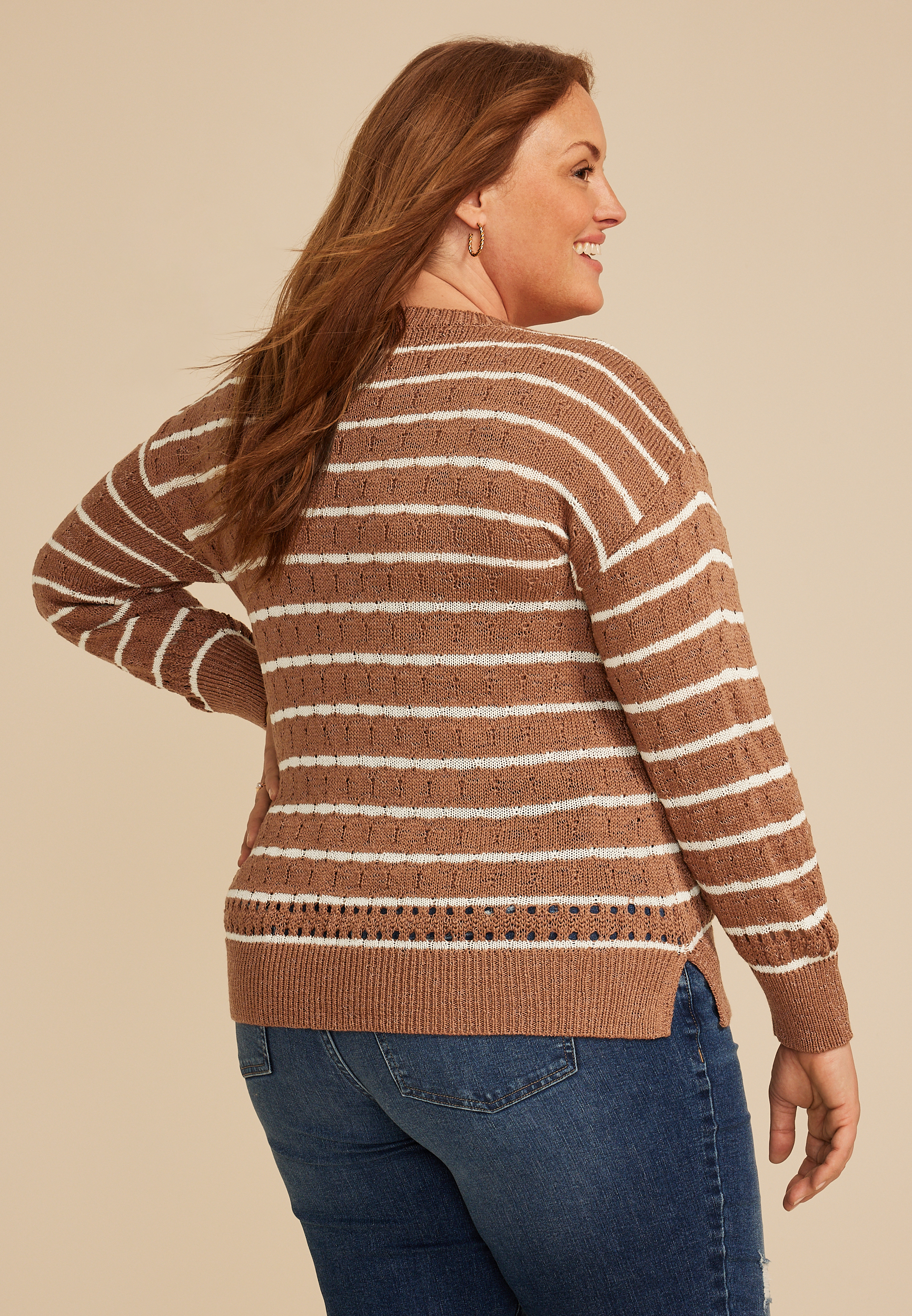 Plus Size Pointelle Striped Crew Neck Sweater, C8753, large