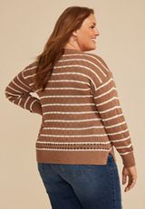 Plus Size Pointelle Striped Crew Neck Sweater, C8753, small