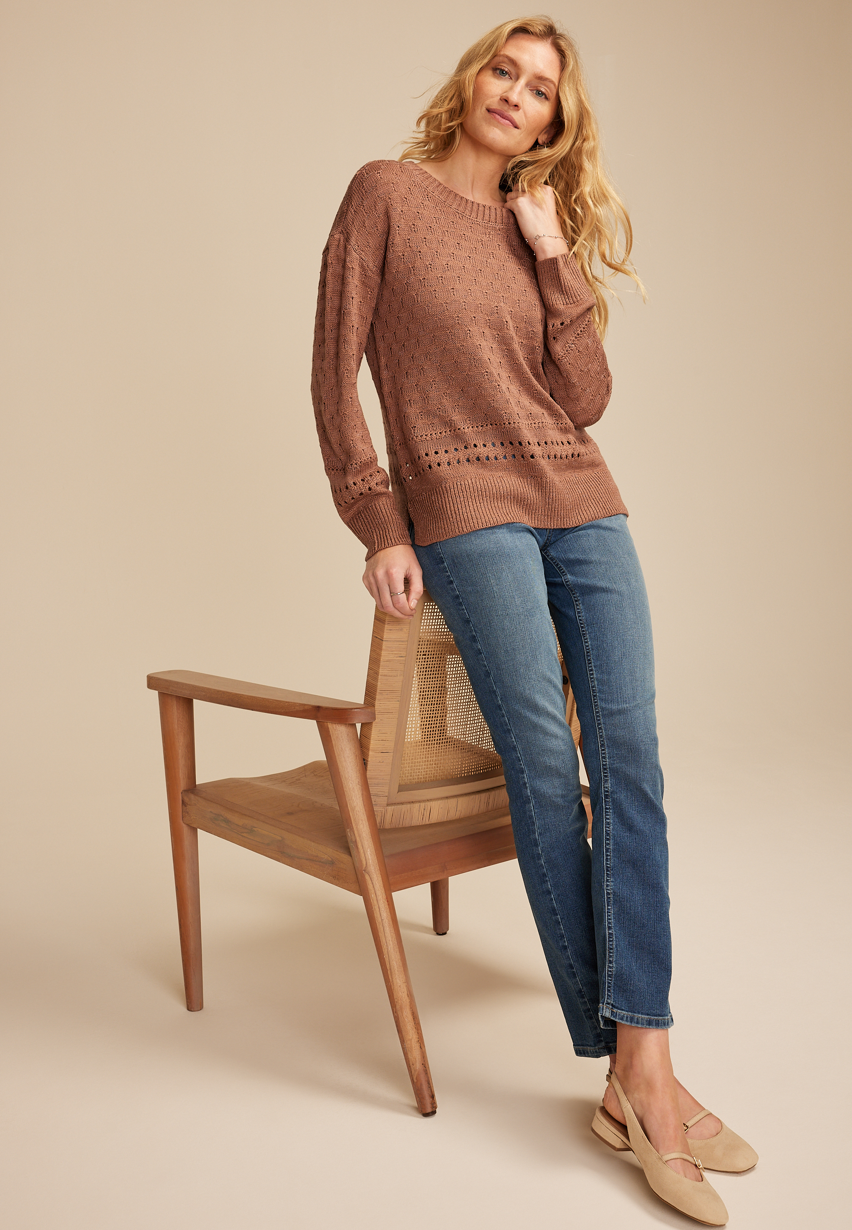 Pointelle Crew Neck Sweater, C4291, large
