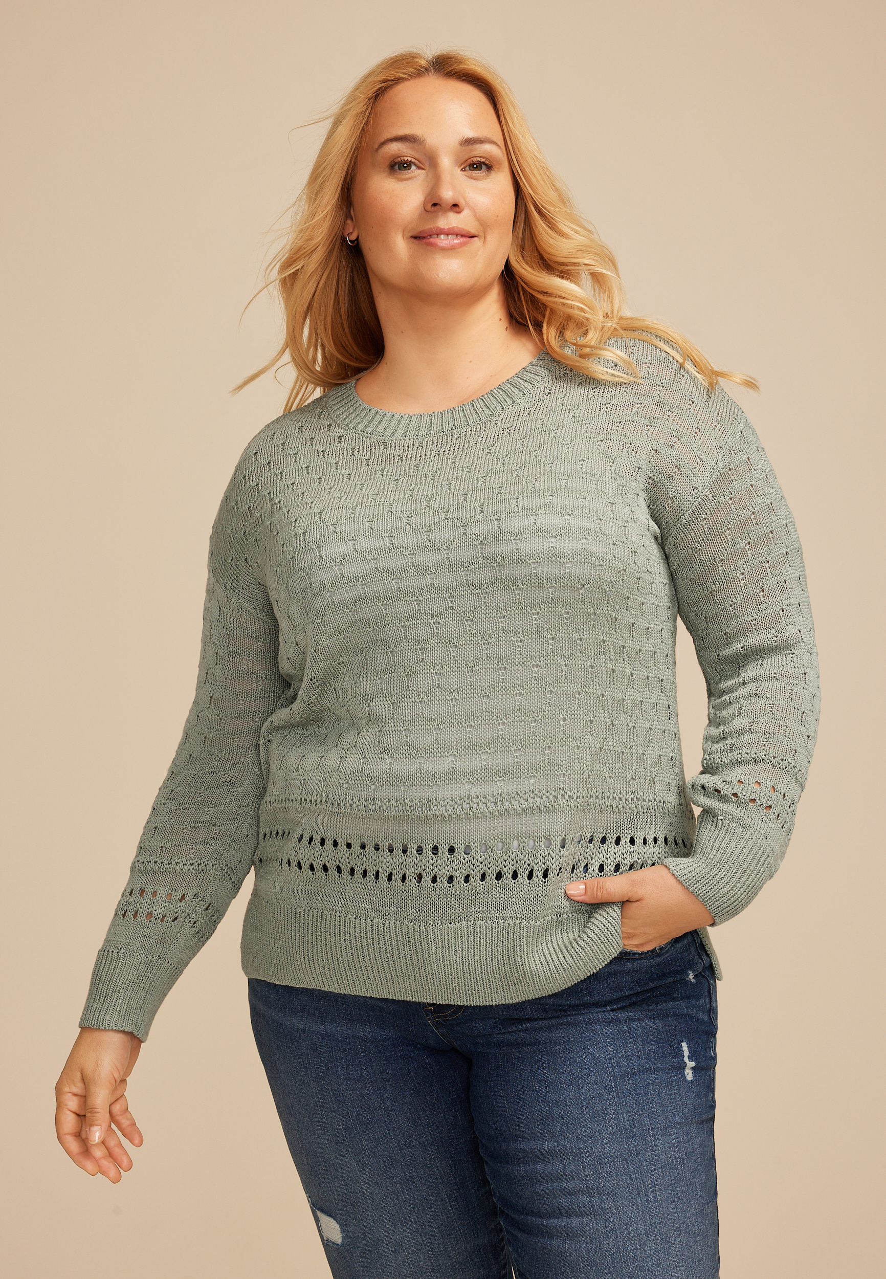 Plus Size Pointelle Crew Neck Sweater