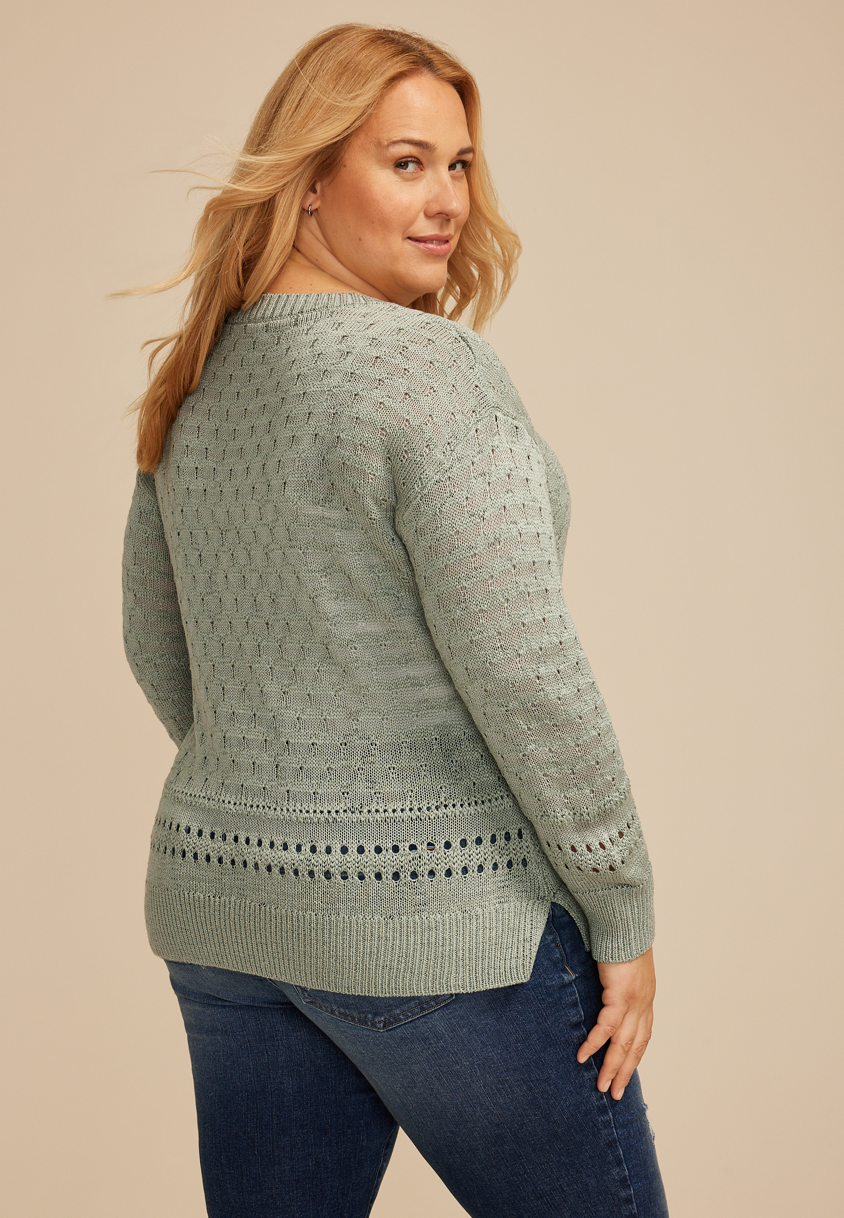 Plus Size Pointelle Crew Neck Sweater, C4610, large