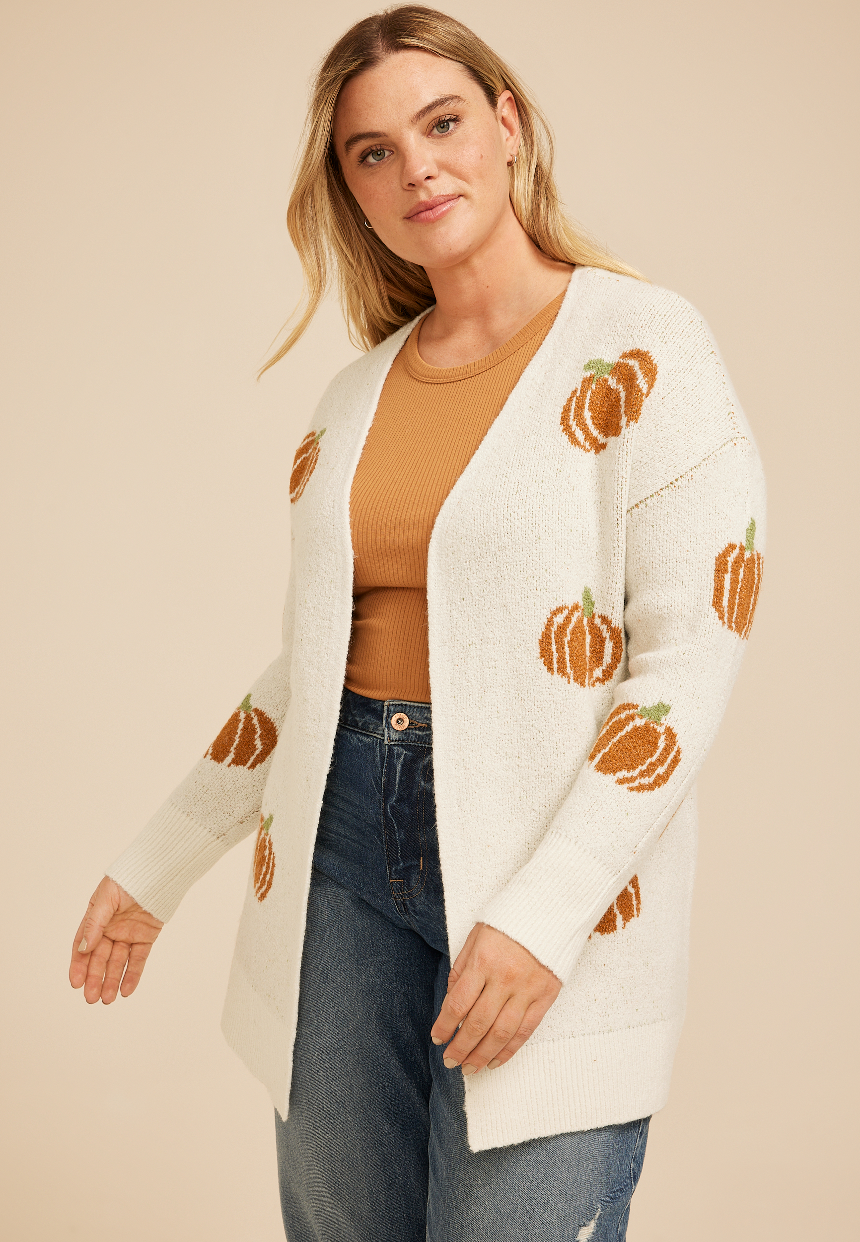 Plus Size Pumpkin Open Front Cardigan