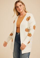 Plus Size Pumpkin Open Front Cardigan, , small