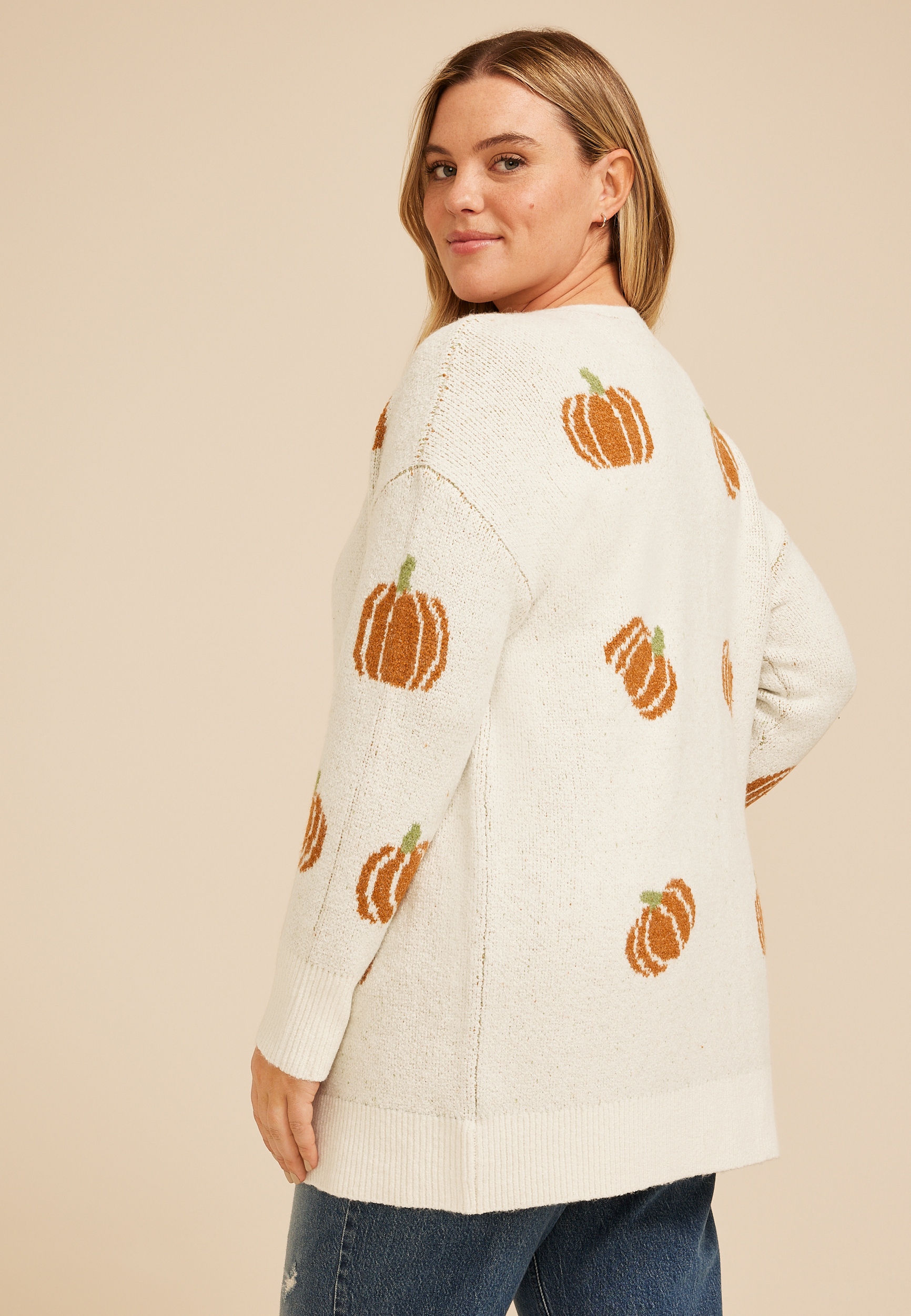Plus Size Pumpkin Open Front Cardigan, , large