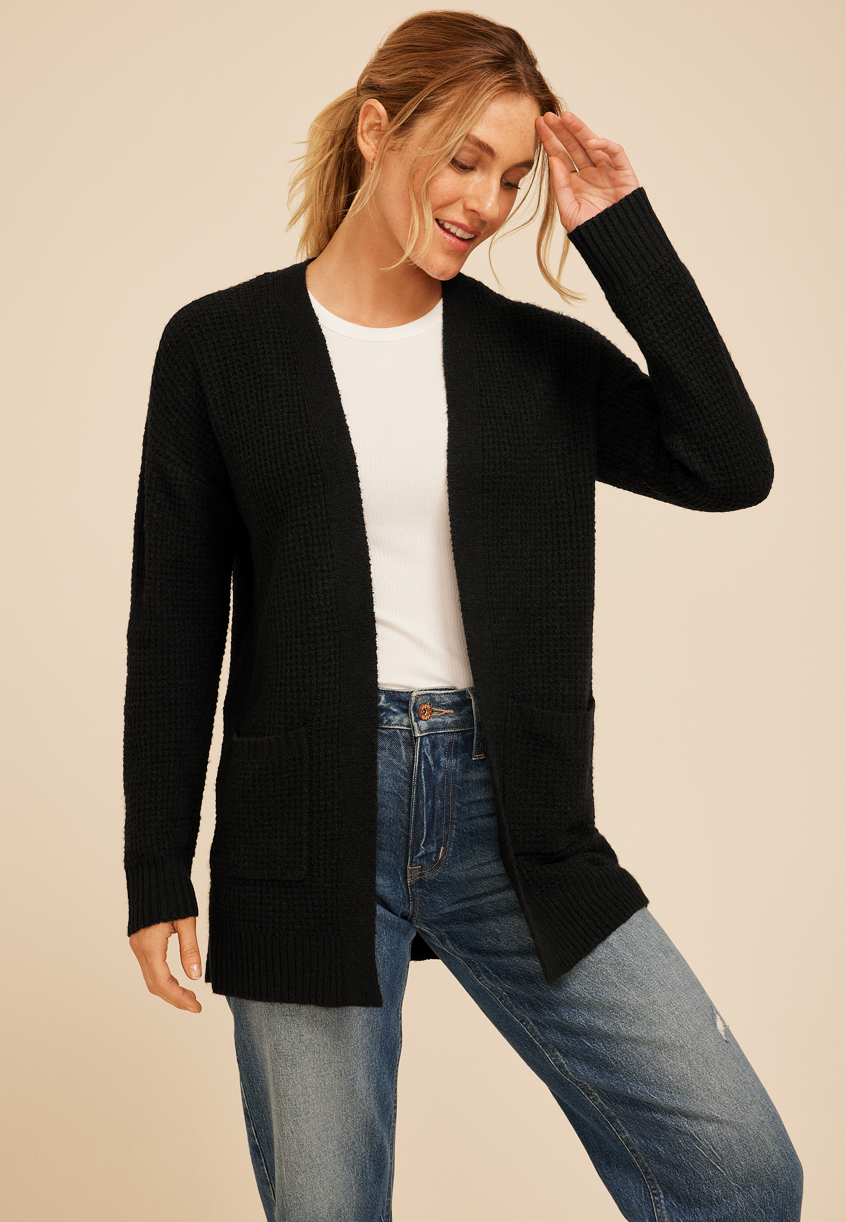 90s Waffle Knit Slouch Open Front Cardigan