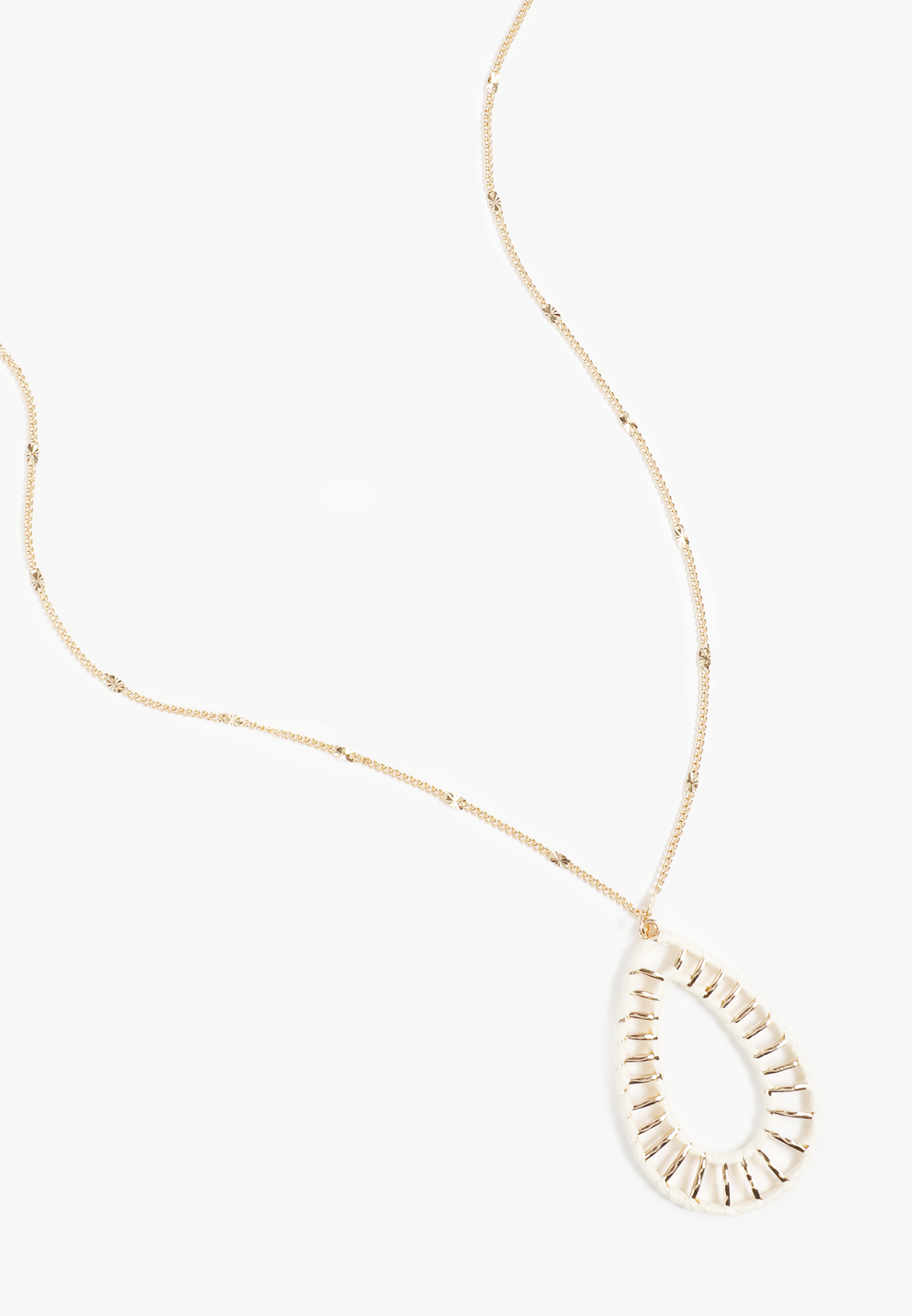 White Raffia Wrapped Teardrop Pendant Necklace