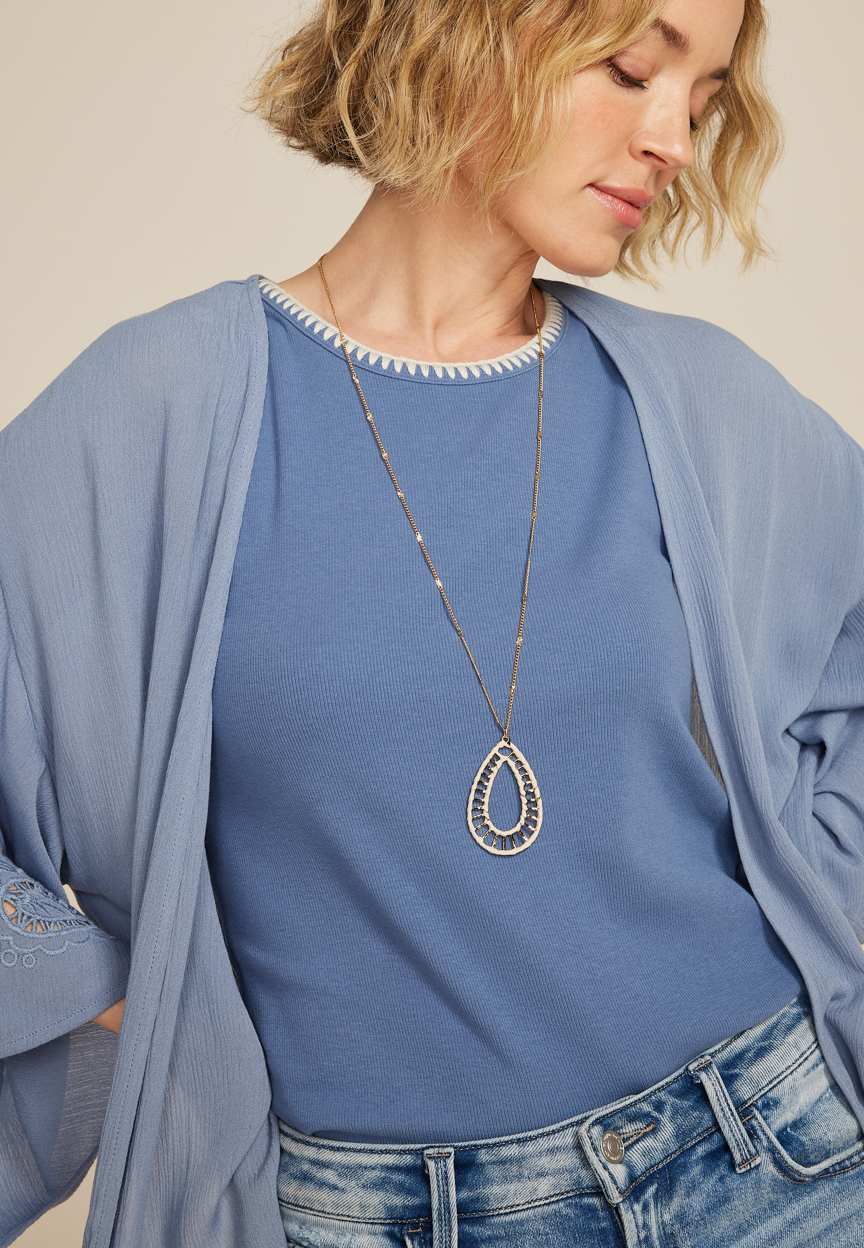 White Raffia Wrapped Border Teardrop Pendant Necklace, GOLD, large