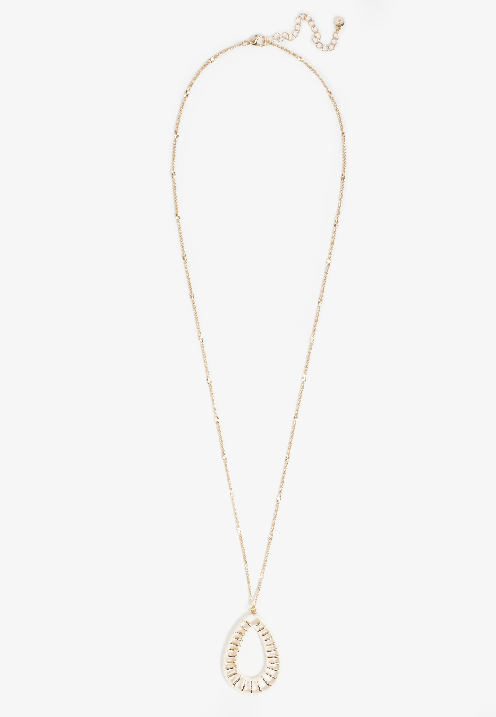 White Raffia Wrapped Border Teardrop Pendant Necklace, GOLD, large