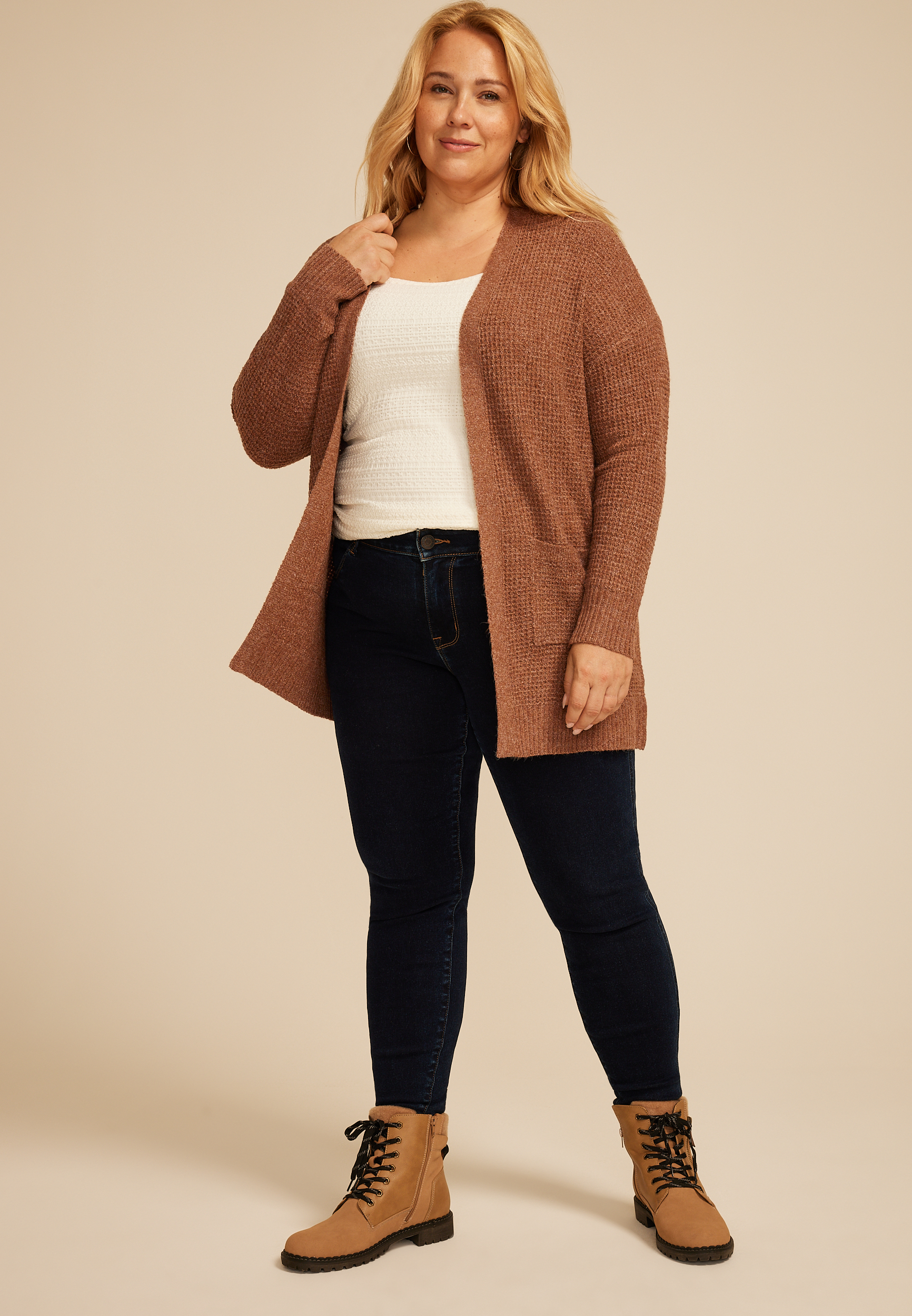 Plus Size 90s Waffle Knit Slouch Open Front Cardigan, C6330, large