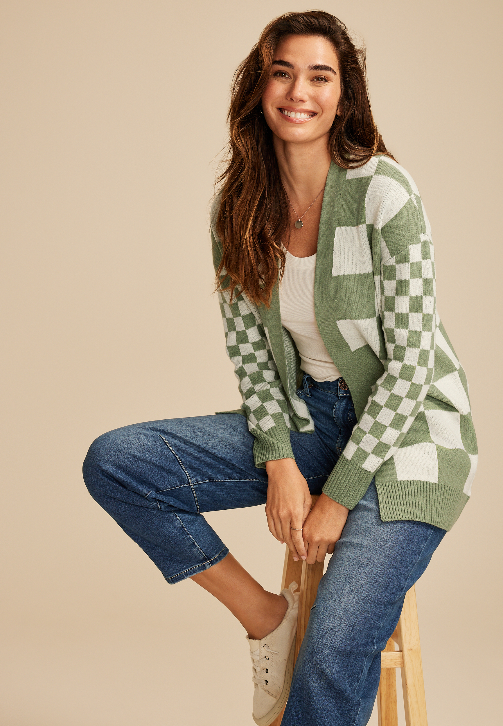 90s Checkered Open Front Cardigan