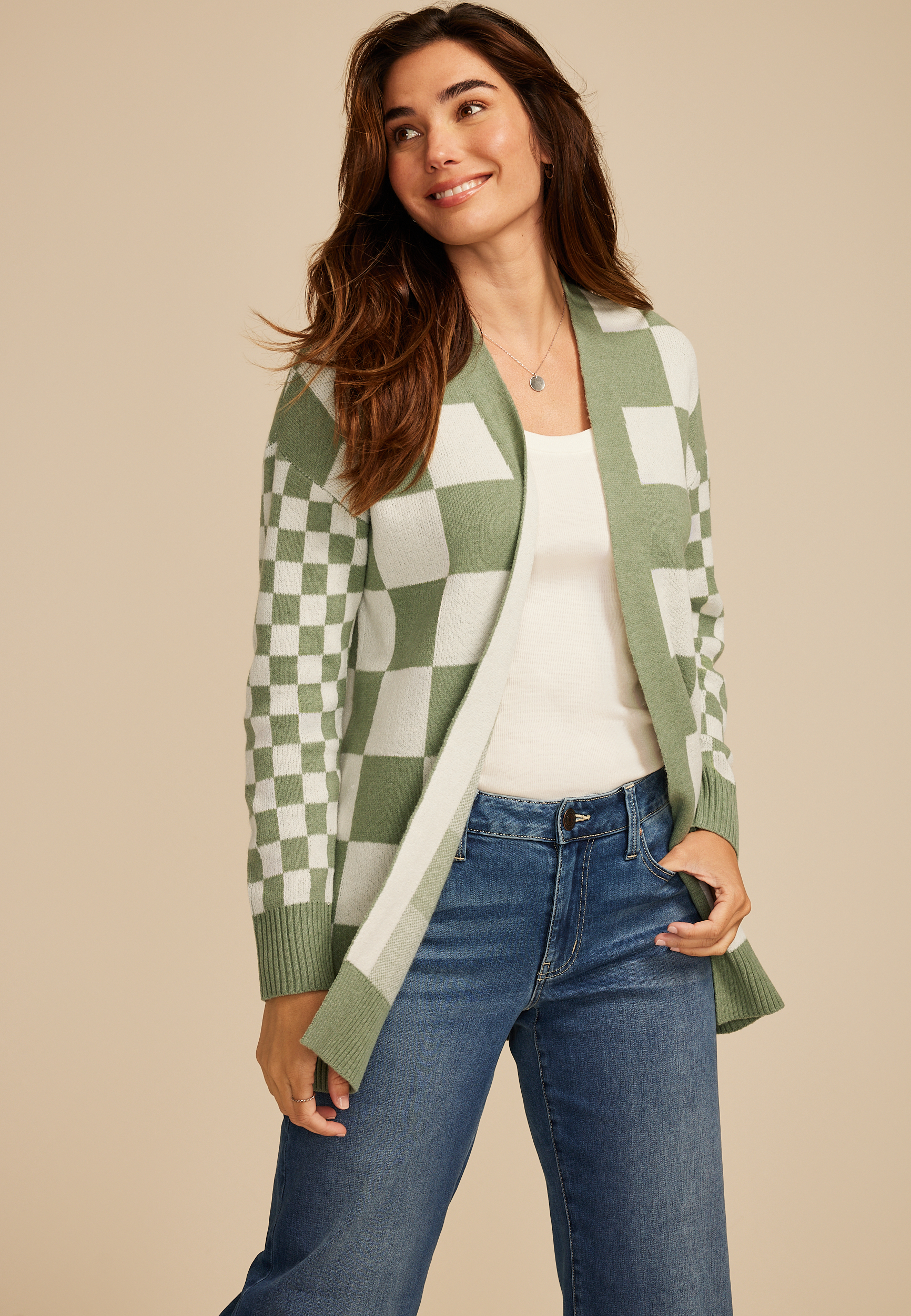 90s Checkered Open Front Cardigan, C4477, large