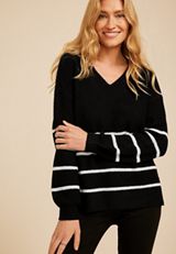 Striped Slouchy V Neck Sweater, BLACK COMBO, small