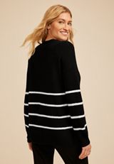 Striped Slouchy V Neck Sweater, BLACK COMBO, small