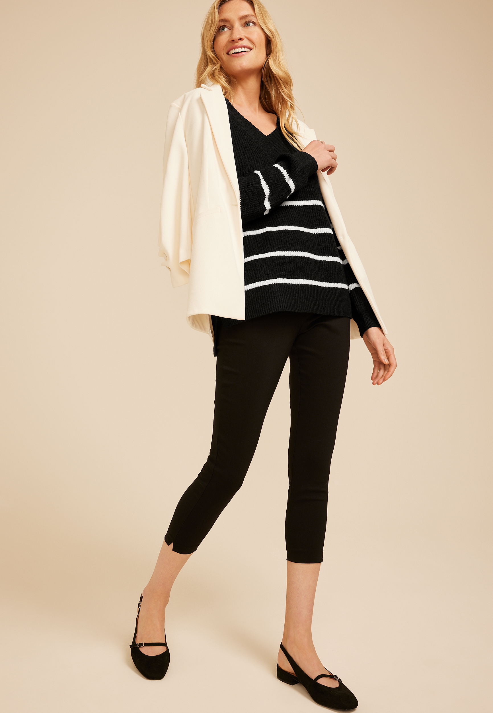Striped Slouchy V Neck Sweater, BLACK COMBO, large