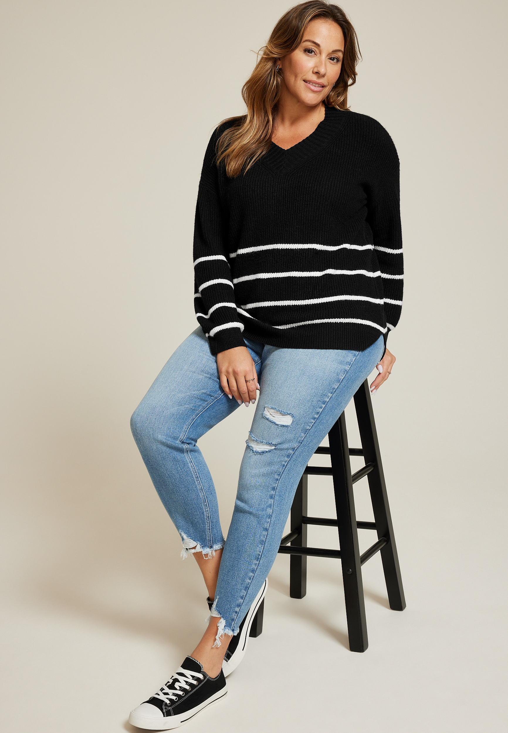 Plus Striped Slouchy V Neck Sweater