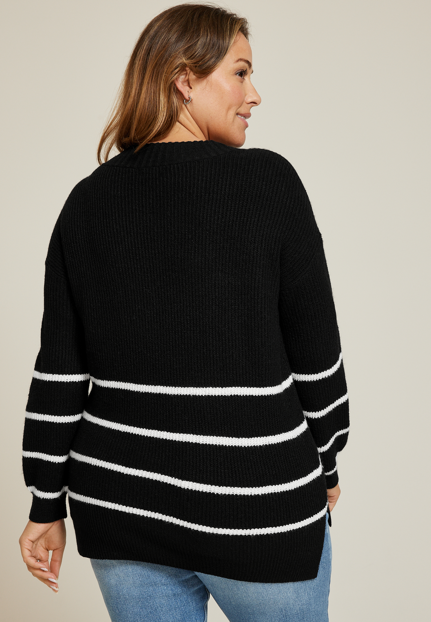 Plus Size Striped Slouchy V Neck Sweater, C1756, large
